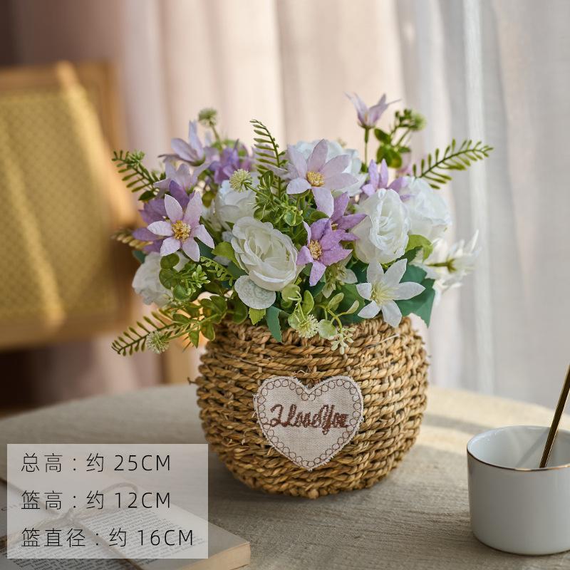 Rose & Sunflower Arrangement with Woven Grass Basket, Faux Floral Decor for Living Room & Dining Table White Babys Breath Bouquet