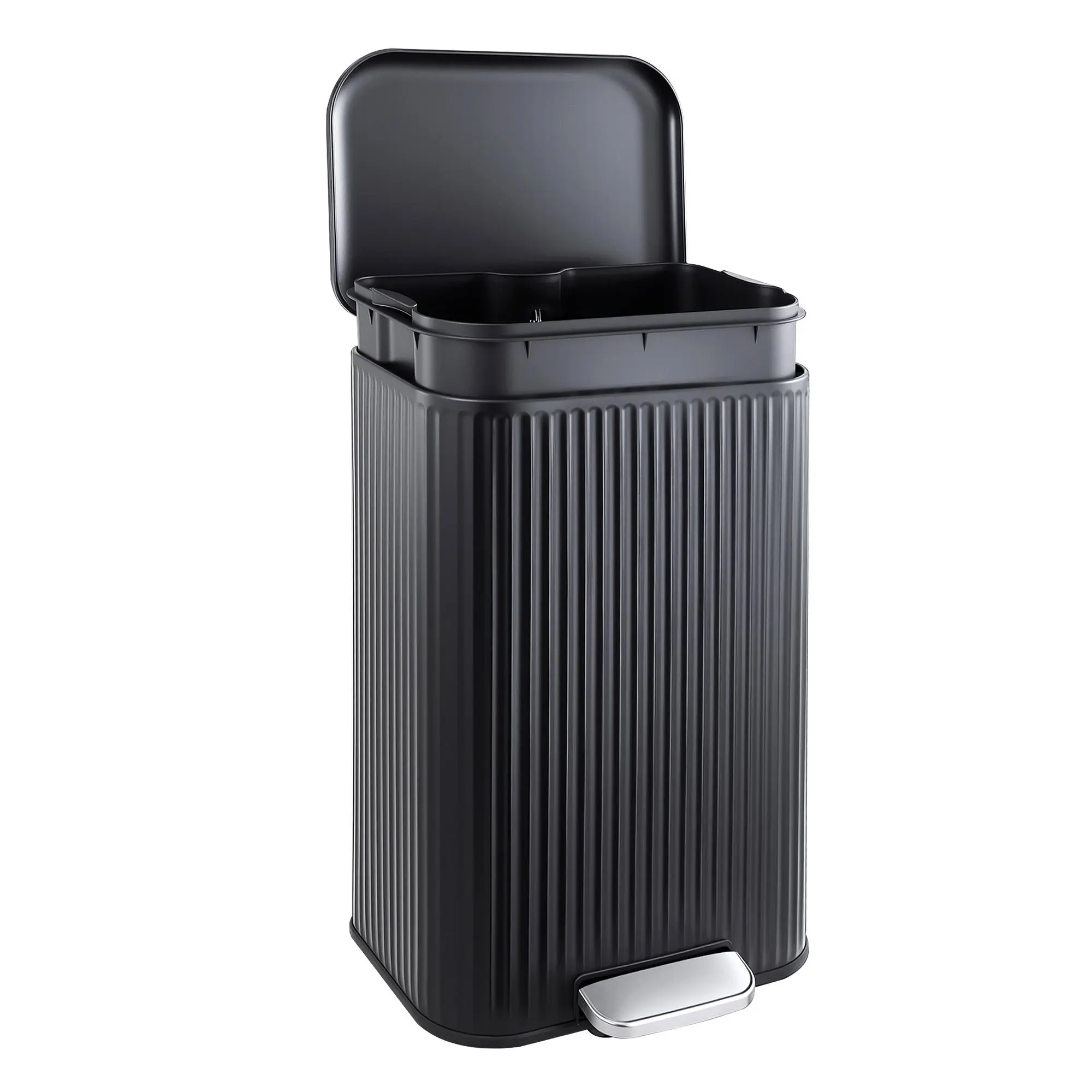 Garvee Stainless Steel Step Trash Can 12L – Soft-Close Lid Removable Inner Bucket Anti-Slip Base Rectangular Kitchen Recycling Bin Modern Fluted Design Home Office Bathroom