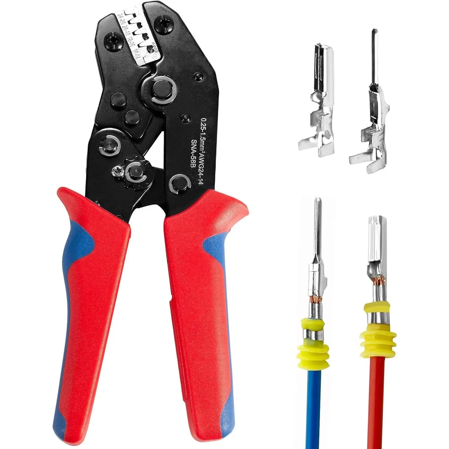 Wire Crimping Tool with Ratchet for Open Barrel Terminal Connectors, Electrical Crimper for Deutsch DELPHI AMP Dupont TYCO Terminals, 24-14 AWG