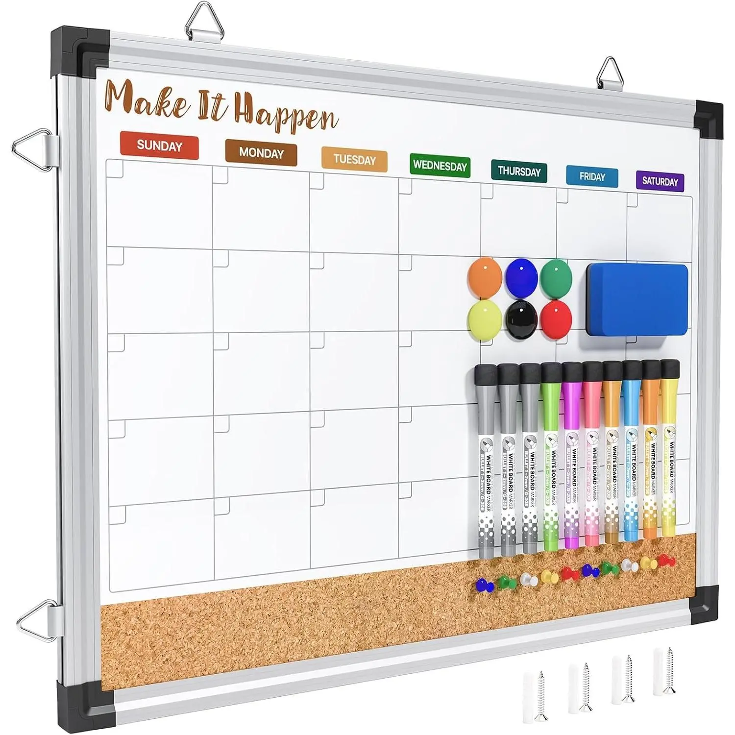 Monthly Dry Erase Board, 17"x13", Double Sided, Colorful Cork surface combo, white board, aluminum frame, reversible hanging, for home office school kitchen, dry erase board