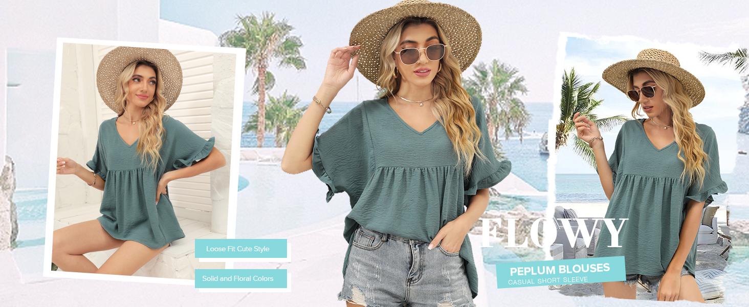 WIHOLL Womens Tops Casual V Neck Ruffle Sleeve T Shirts Babydoll Loose Fit Peplum Tops SpringStatements WIHOLL Womens Tops Casual V Neck Ruffle Sleeve T Shirts Babydoll Loose Fit Peplum Tops SpringStatements