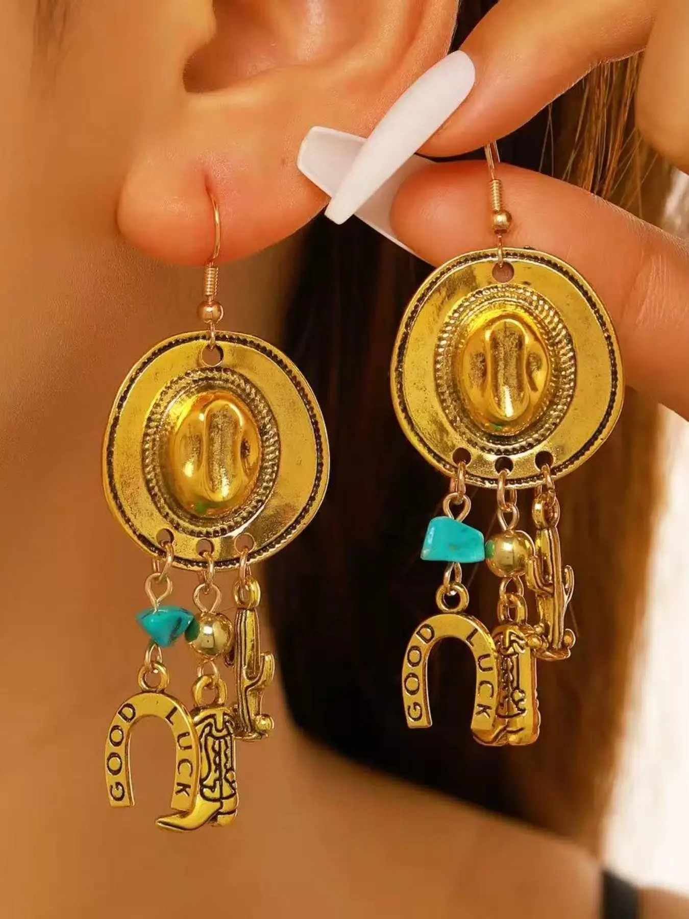 Vintage Punk Western Style Cowboy Hat Cactus Boot Earrings, Fashionable Ethnic Pattern Retro Jewelry, Durable Alloy Chain Earrings