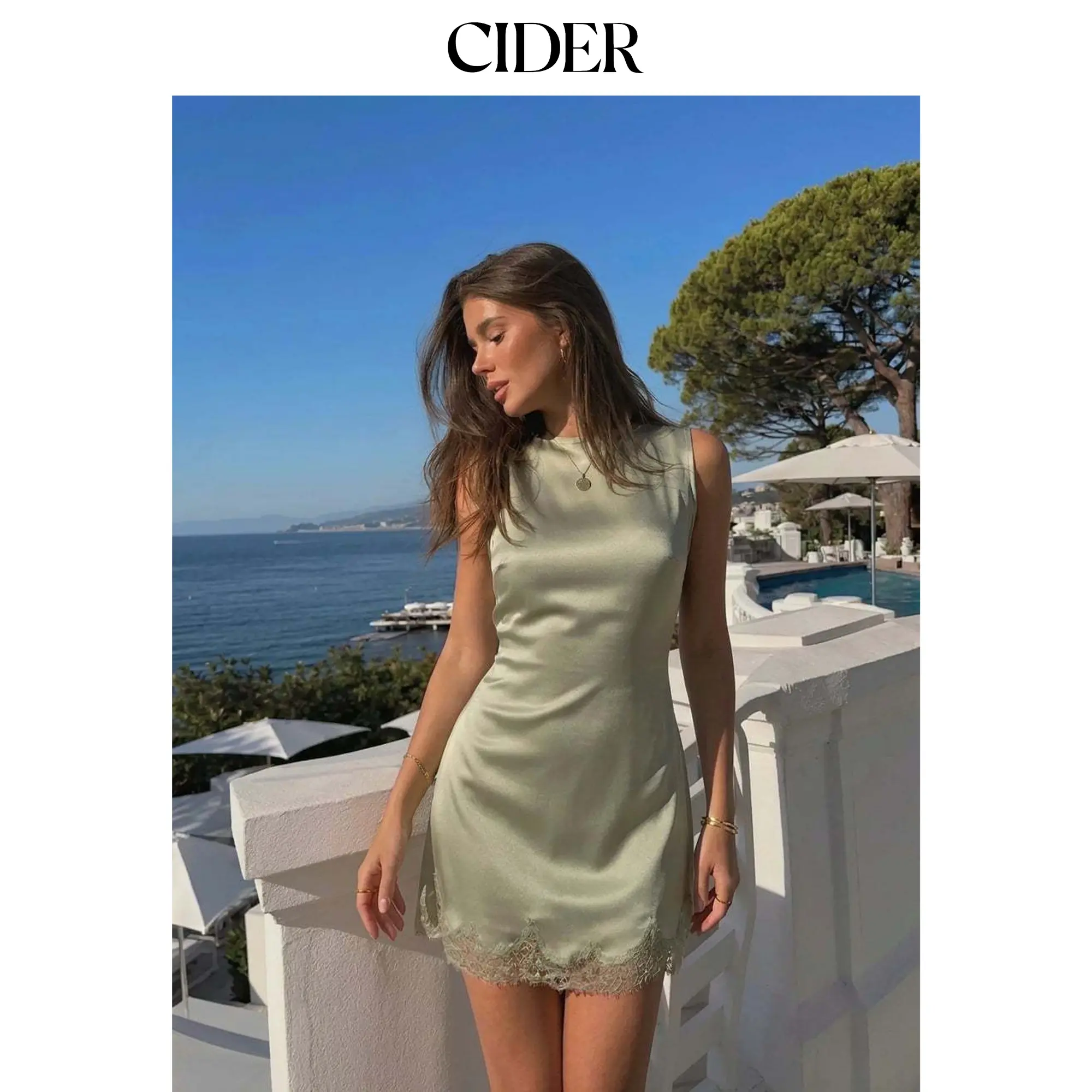 Cider Satin Sleeveless Scallop Lace Mini Dress