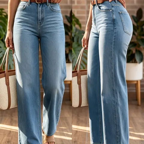 Elastic High-Waisted Loose Washed Blue Wide-Leg Jeans for Women, Comfortable Stretchy Fabric, Perfect for Casual Wear