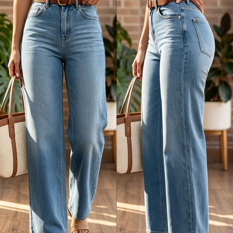 Elastic High-Waisted Loose Washed Blue Wide-Leg Jeans for Women, Comfortable Stretchy Fabric, Perfect for Casual Wear