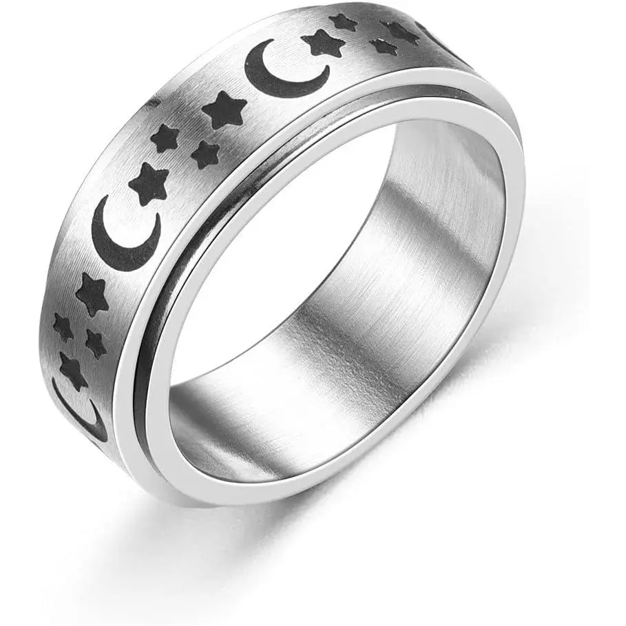 Unisex 316 Stainless Steel Rotatable Fidget Band, Sun Moon Star Flower Spinner Anxiety Relief Ring, Versatile Cool Biker Promise & Engagement Jewelry for Couples