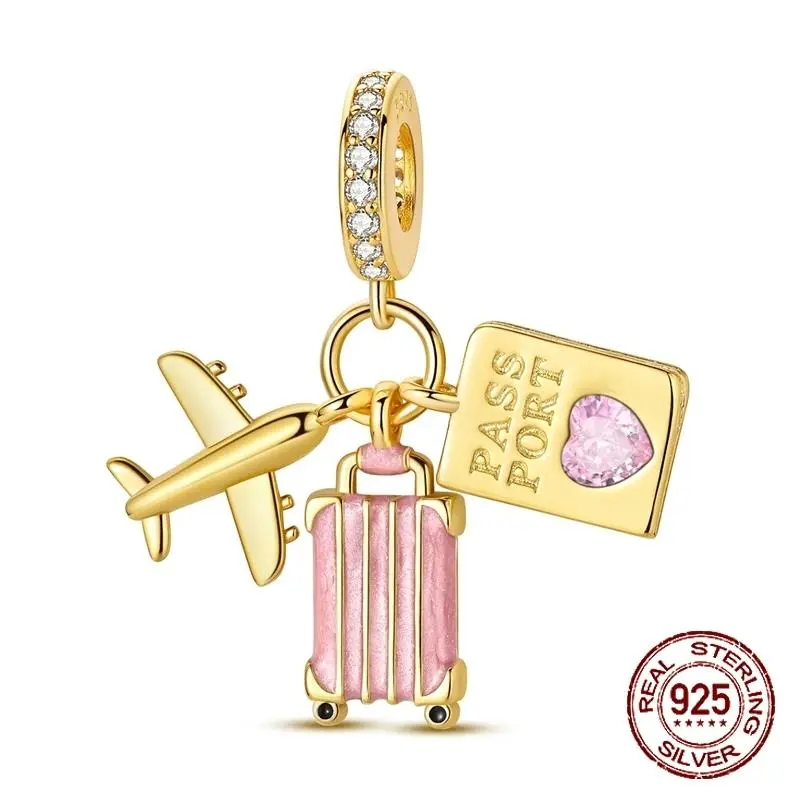 925 Sterling Silver Travel Dangle Charm Airplane Pink Enamel Suitcase & Passport Fit Bracelets Jewelry Gift for Women Girls