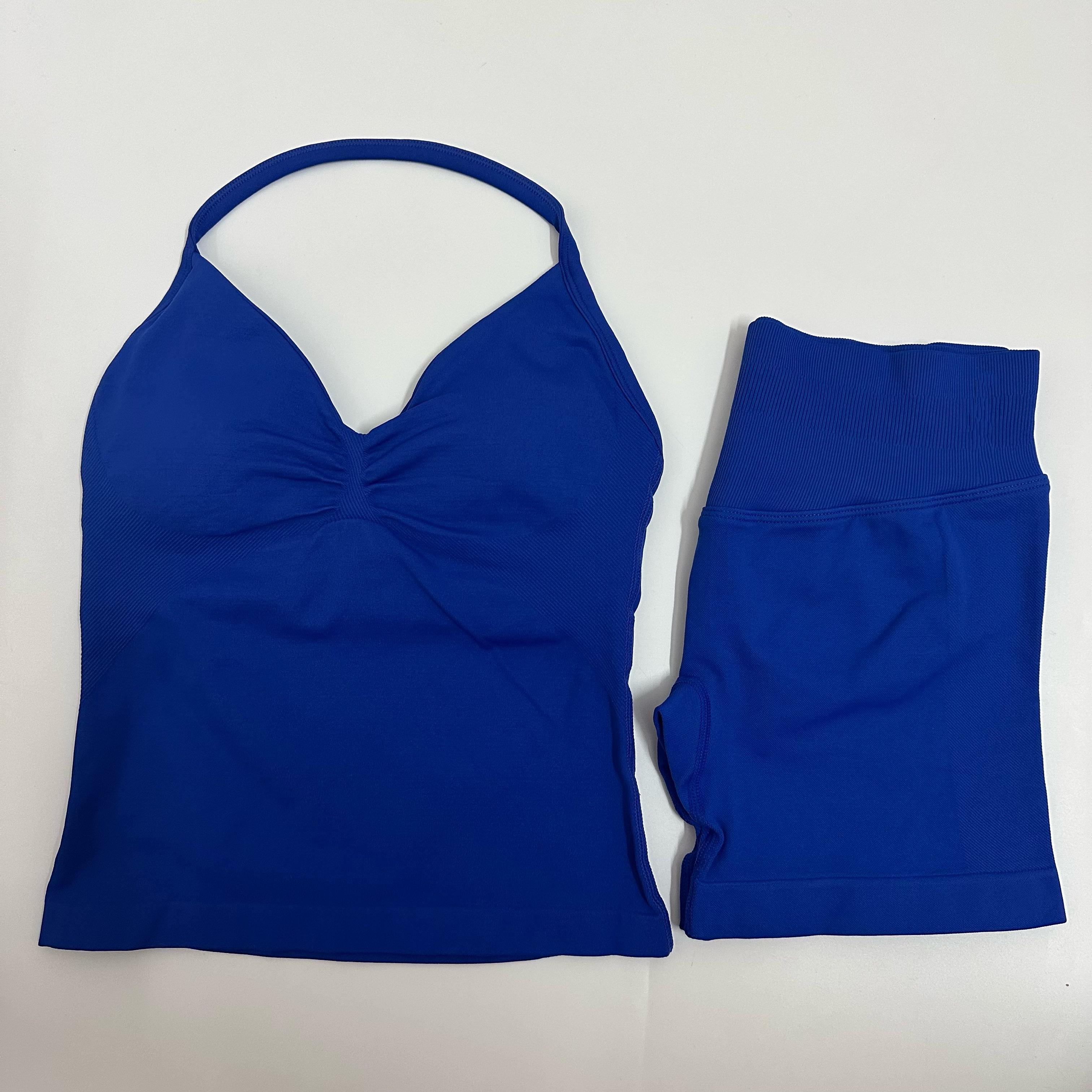 2 Pieces Women Yoga Set Seamless Yoga Longline Strappy Tank Top Scrunch Sports Shorts Gym Clothes Woman Summer Workout Outfit Athleisure Wear