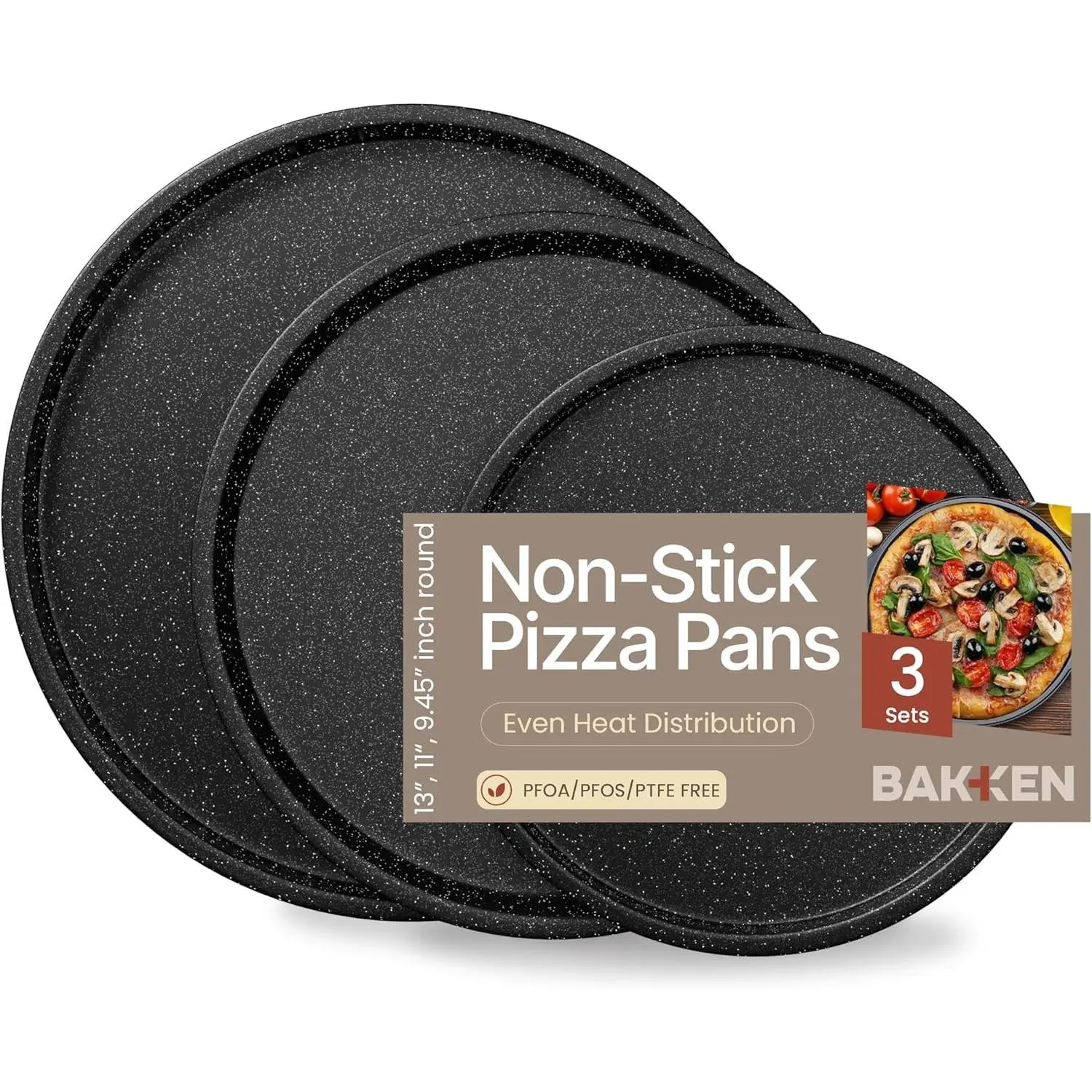 Non Stick Pizza Pans Set of 3 Carbon Steel Pizza Baking Trays (9.45", 11.02", 12.99") for Oven Use, Durable, PFOA PFOS PTFE Free, Dishwasher Safe, Stain-resistant Easy Cleanup