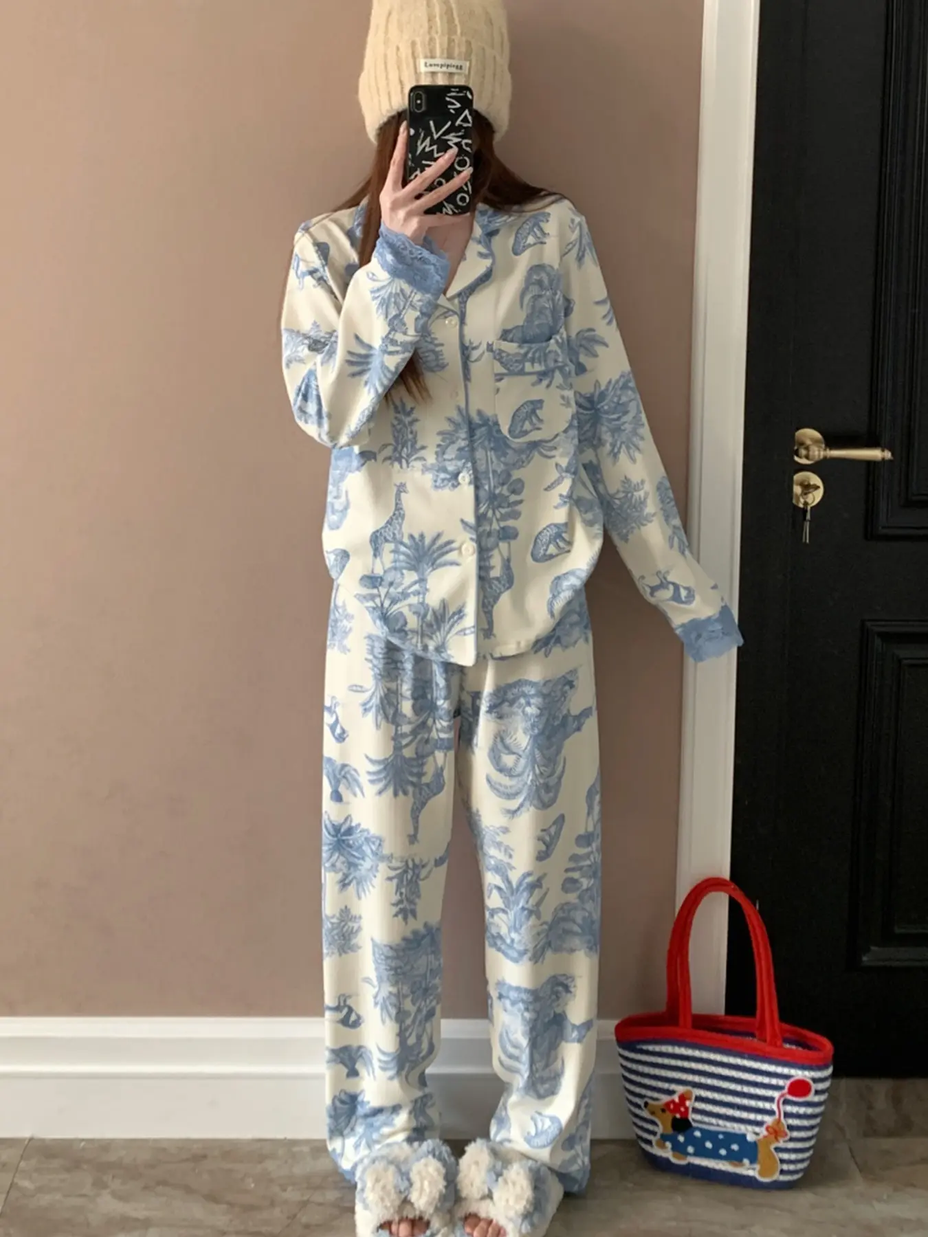 Elegant Light Blue Women's Pajama Set, Comfortable Sleepwear, Long Sleeve Open Front, Plant Print Animal Pattern, Home Wear, Loungewear