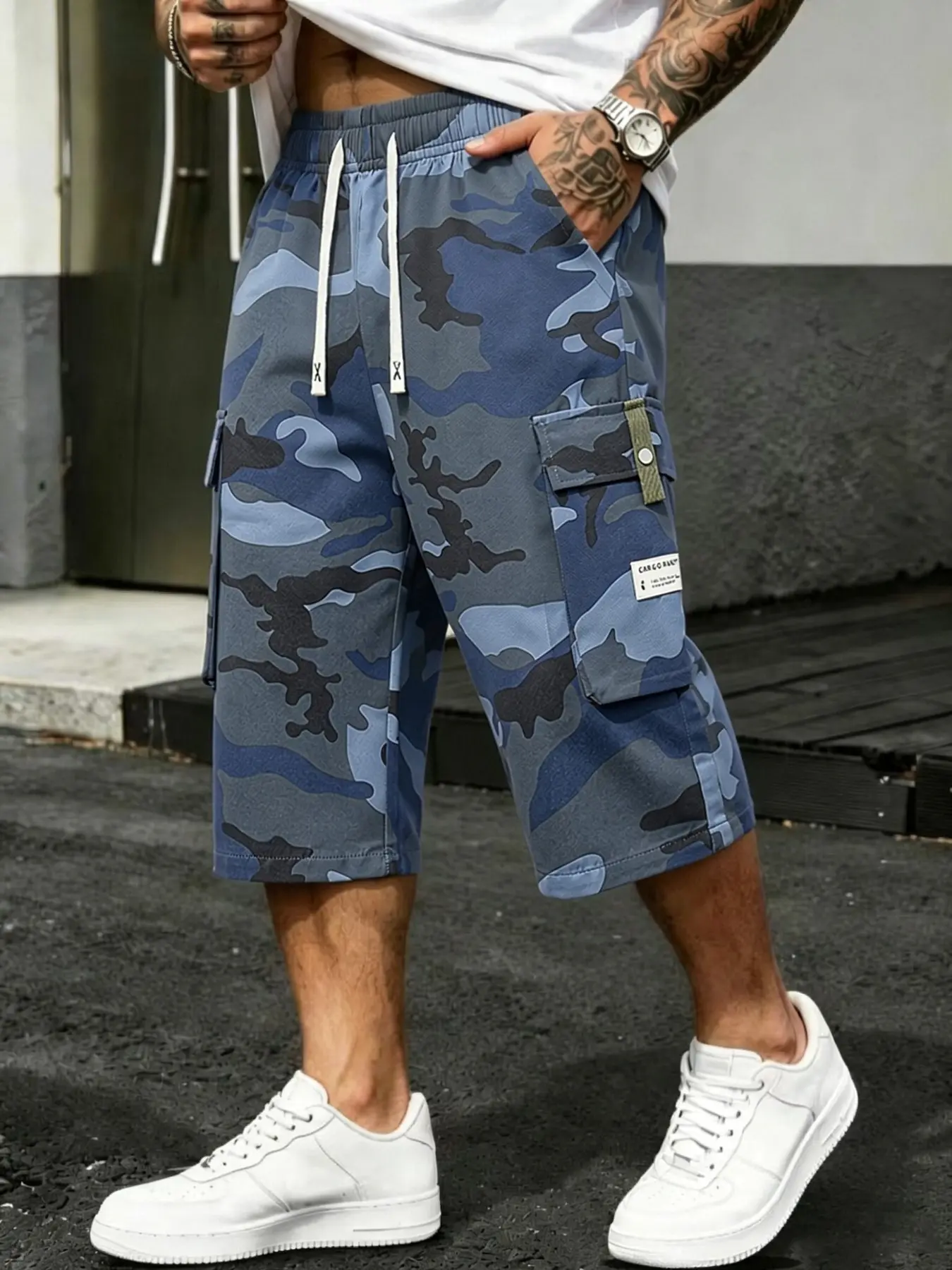 Men's Camouflage cargo shorts, Elastic Drawstring Waist, Multiple Pockets, Durable Hard Fabric, Casual Summer Outdoor Gym Shorts