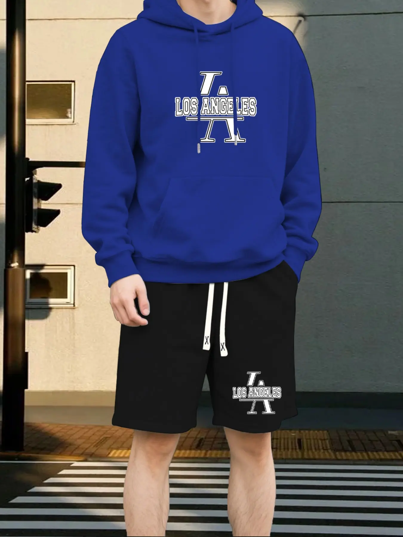 Trendy Men's Fall Winter Set, Hooded Top with Casual Shorts, Los Angeles Logo Star Design, American Streetwear Style, Slim Fit