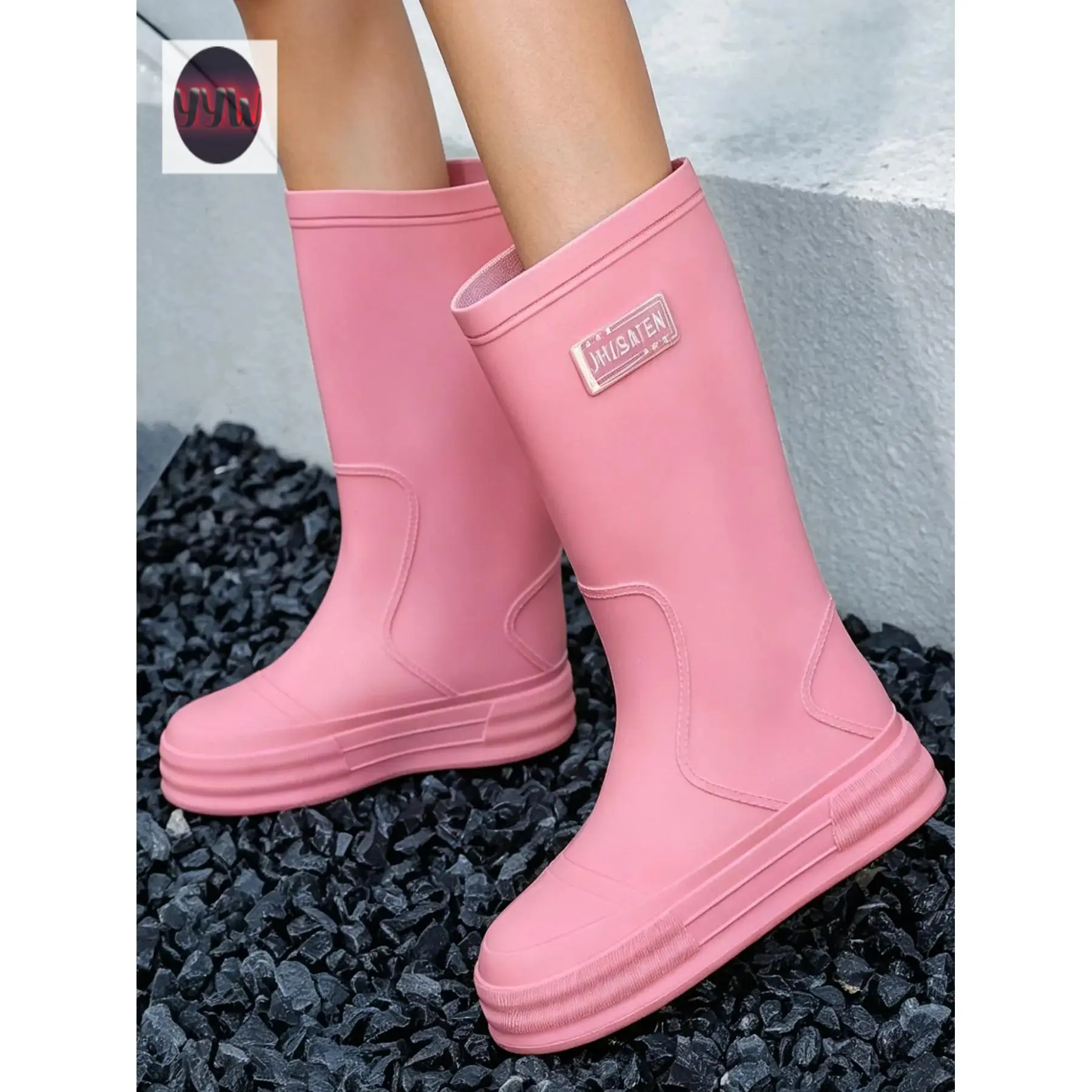Women's Mid-Calf Waterproof Casual Rain Boots, Plain Leather & PVC Upper, Non-Thick Platform Rubber Sole, Outdoor Wear Footwear