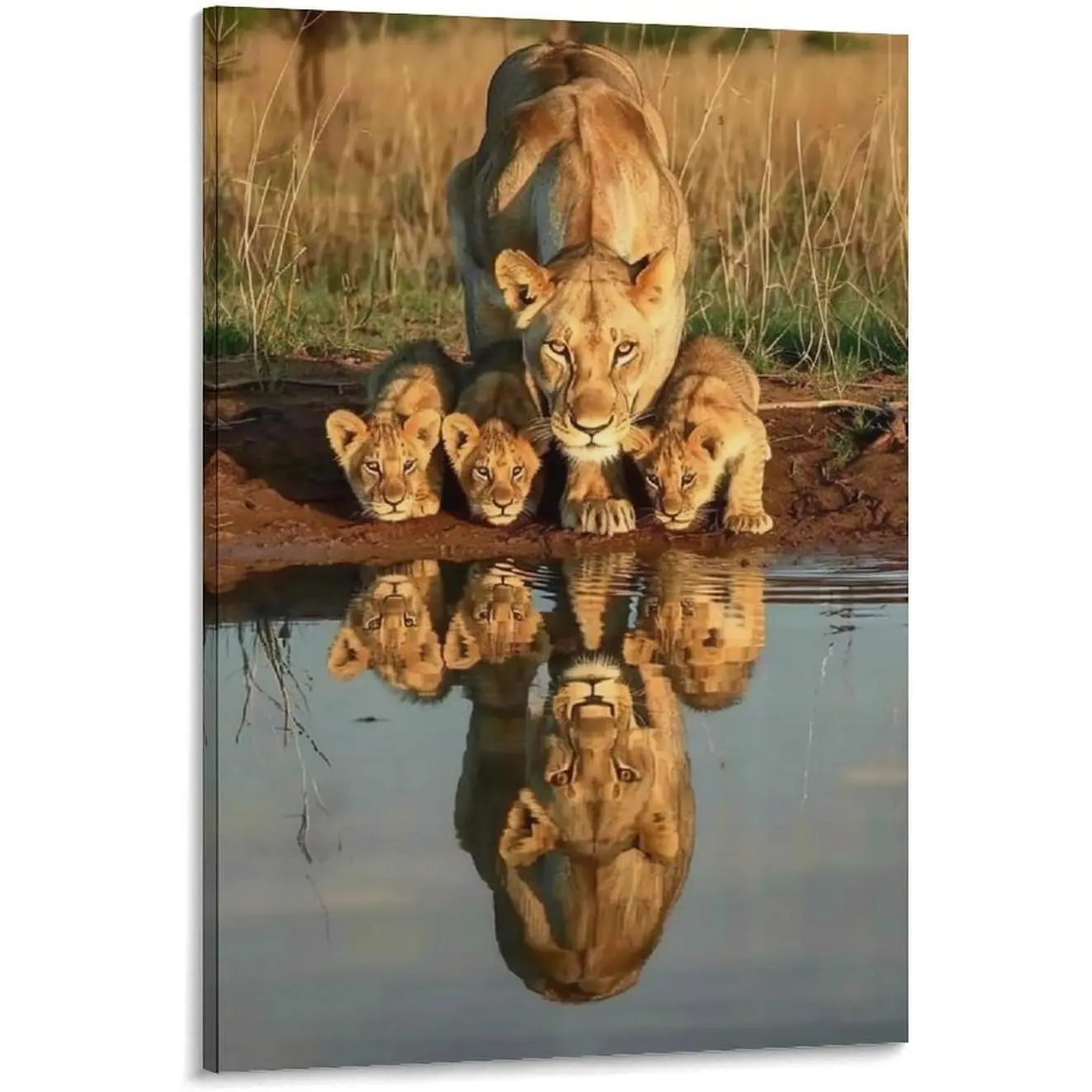 Lion Poster, Lion Lioness Three Cubs Drinking Water Poster Canvas Wall Art Aesthetic Posters & Prints Wall Decor for Bedroom Dorm Living Room Paintings Pictures Wall Decor Framed Unframed