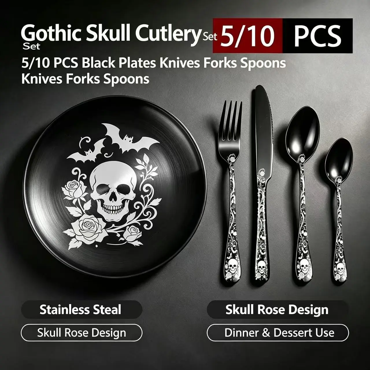 Gothic Skull 5/10 Piece Stainless Steel Dinner Set Cutlery Tableware, Halloween Plate Knife Fork Spoon, Hotel Outdoor BBQ Dining Utensils Kit