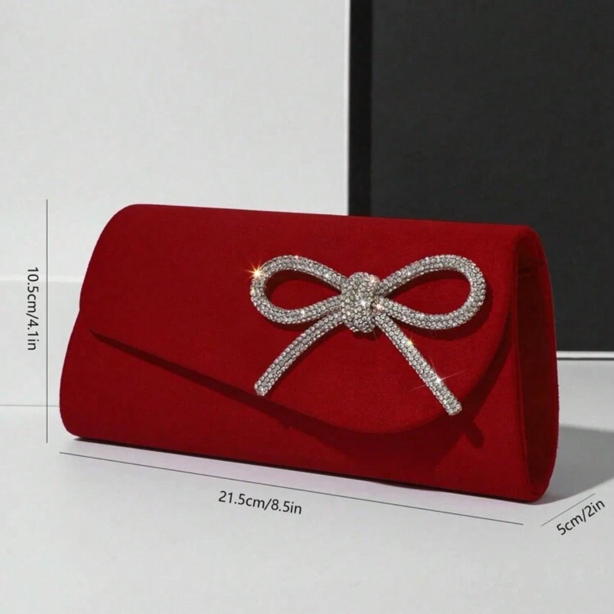 Red Mini Handbag Clutch Sparkly Rhinestone Bow Decor Purse Women Evening Bag Crossbodybag Shoulderbag With Chain For Party & Wedding, Perfect Valentine's Day Gift