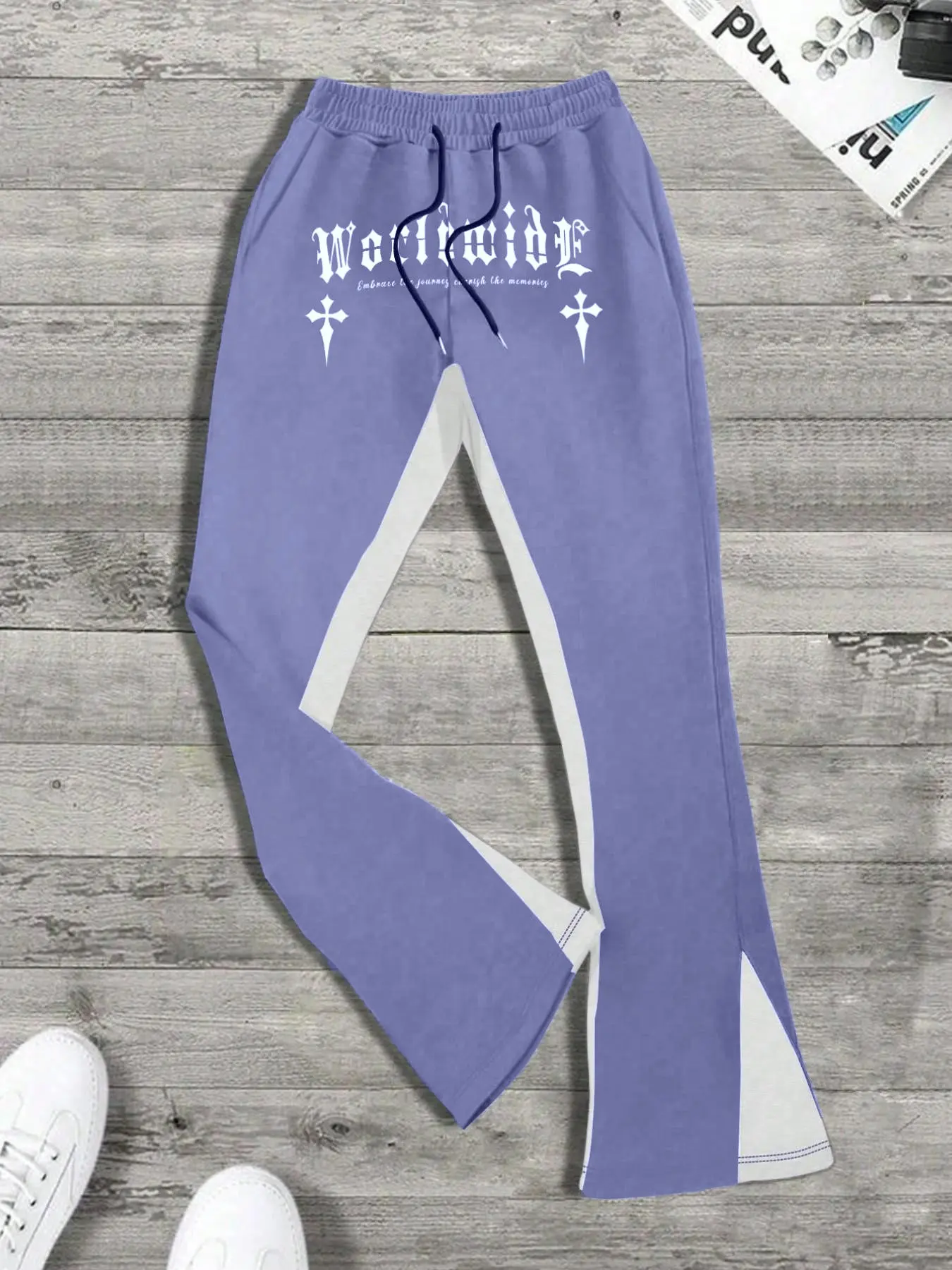1PC Men's Purple Two-Tone Flare Pants Y2K Gothic Cross Graphic Streetwear Curved Patchwork Joggers With Drawstring For Men Summer 2026 Fashion