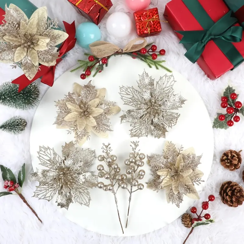 Champagne Gold Christmas Flower Decorations with Glitter Poinsettia and Shiny Berry Stems for Christmas Tree Ornaments, Cozy Winter Home Decor for Fireplace Table Centerpiece, Festive Holiday Gift Idea for Women Mom Wife Girlfriend and Wedding Party