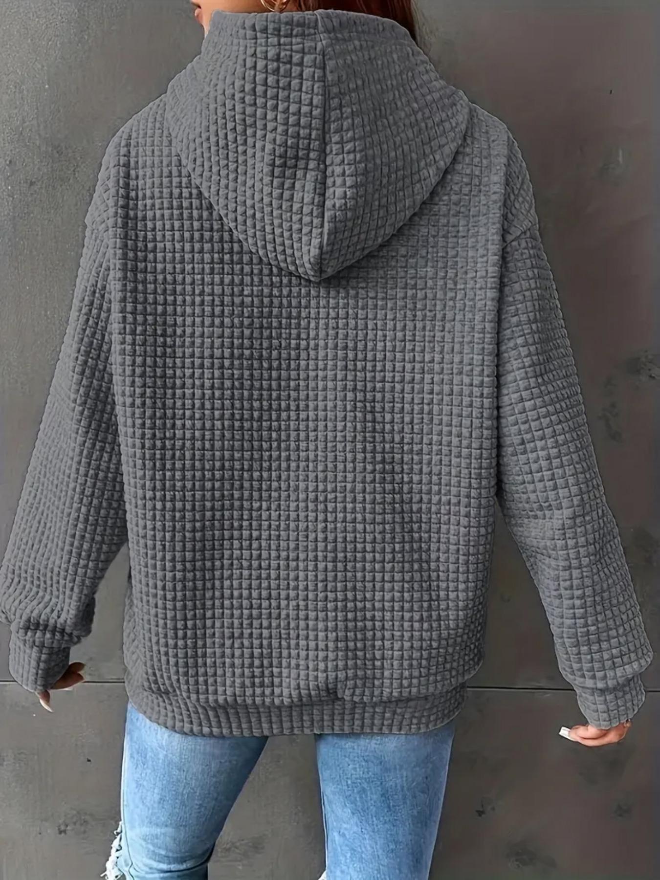 Women's Letter Patched Waffle Textured Drop Shoulder Hoodie, Fashion Casual Long Sleeve Drawstring Pocket Hooded Sweatshirt for Daily Holiday Outdoor Wear, Women Clothing for Fall & Winter