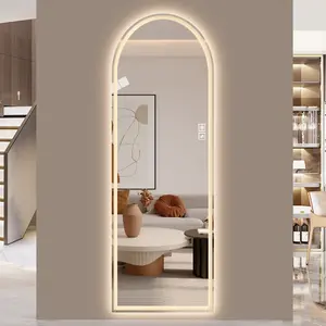 65x21 Inch LED Lighted Elegant Frameless Arched Full-Length Mirror, 2-Color Dimmable Explosion-Proof Anti-Corrosion Full Body Mirror for Bedroom, Room Decor