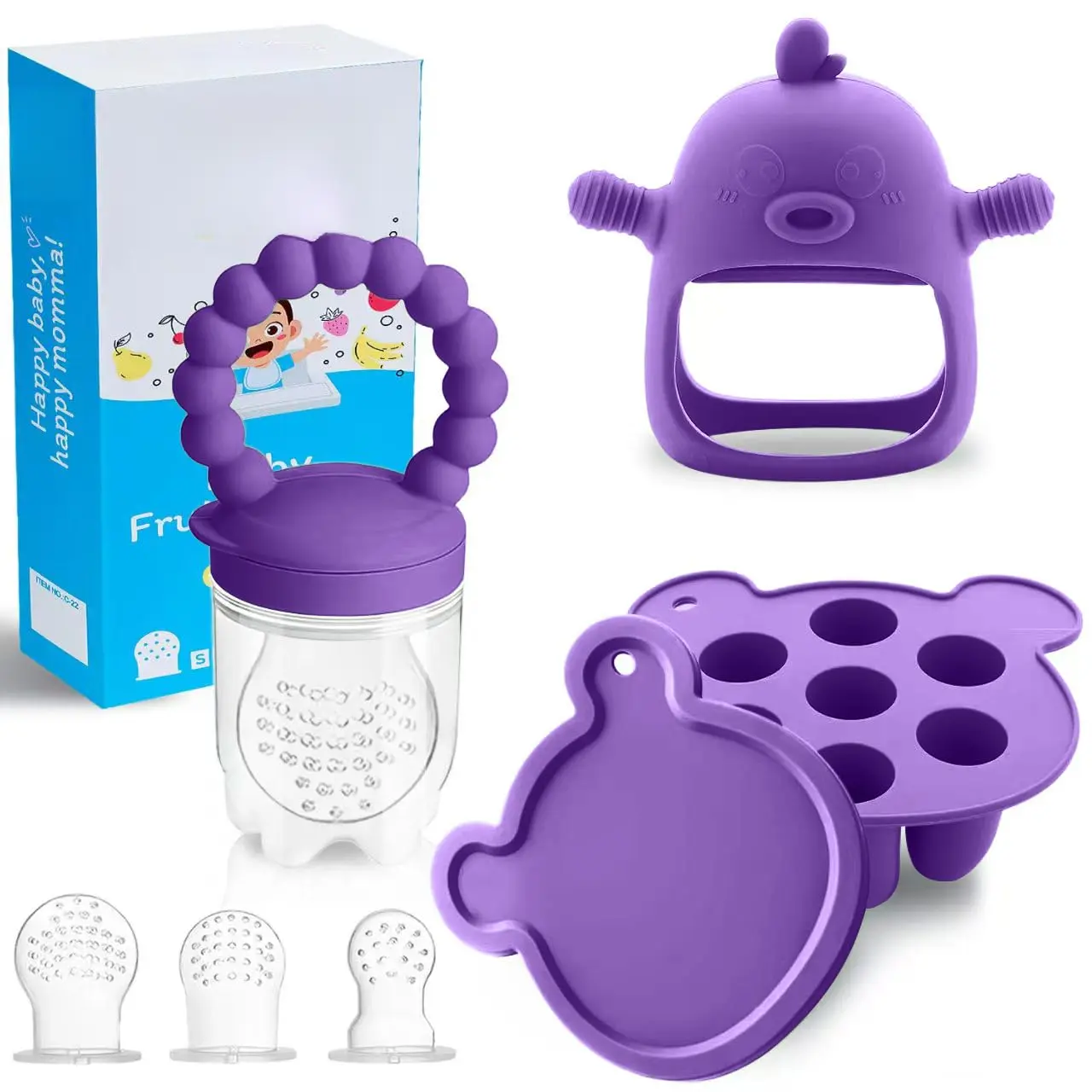 3-in-1 Baby Food & Fruit Feeder Set – Breastmilk Popsicle Mold with Freezer Tray, Teething Relief Toy, BPA Free Infant Silicone Feeding Combo, 3 Bonus Sizes (S/M/L) Sacs (Purple) New model