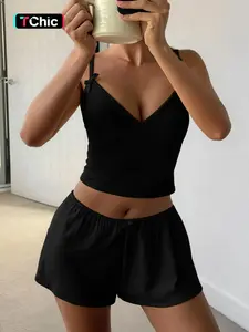 Women's Bowknot V-Neck Halter Short Pants Pajama Set, Soft Adjustable Thin Straps, Modal Sporty Teen, No Bra Padding