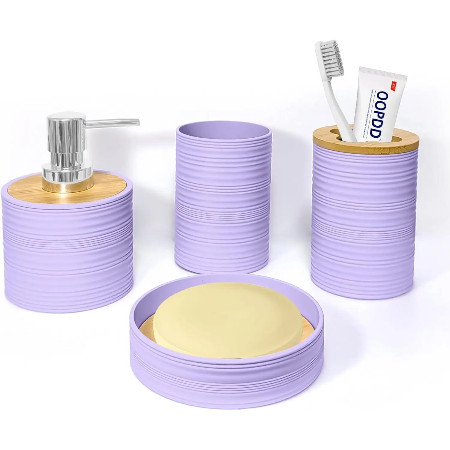 Bathroom Accessories Set 4 PCS, Purple Bamboo Bathroom Sets Accessories |   Bamboo Bathroom Accessory Set Includes Soap Dish, Soap Dispenser, Toothbrush Holder, Toothbrush Cup, Boho Bath Decor