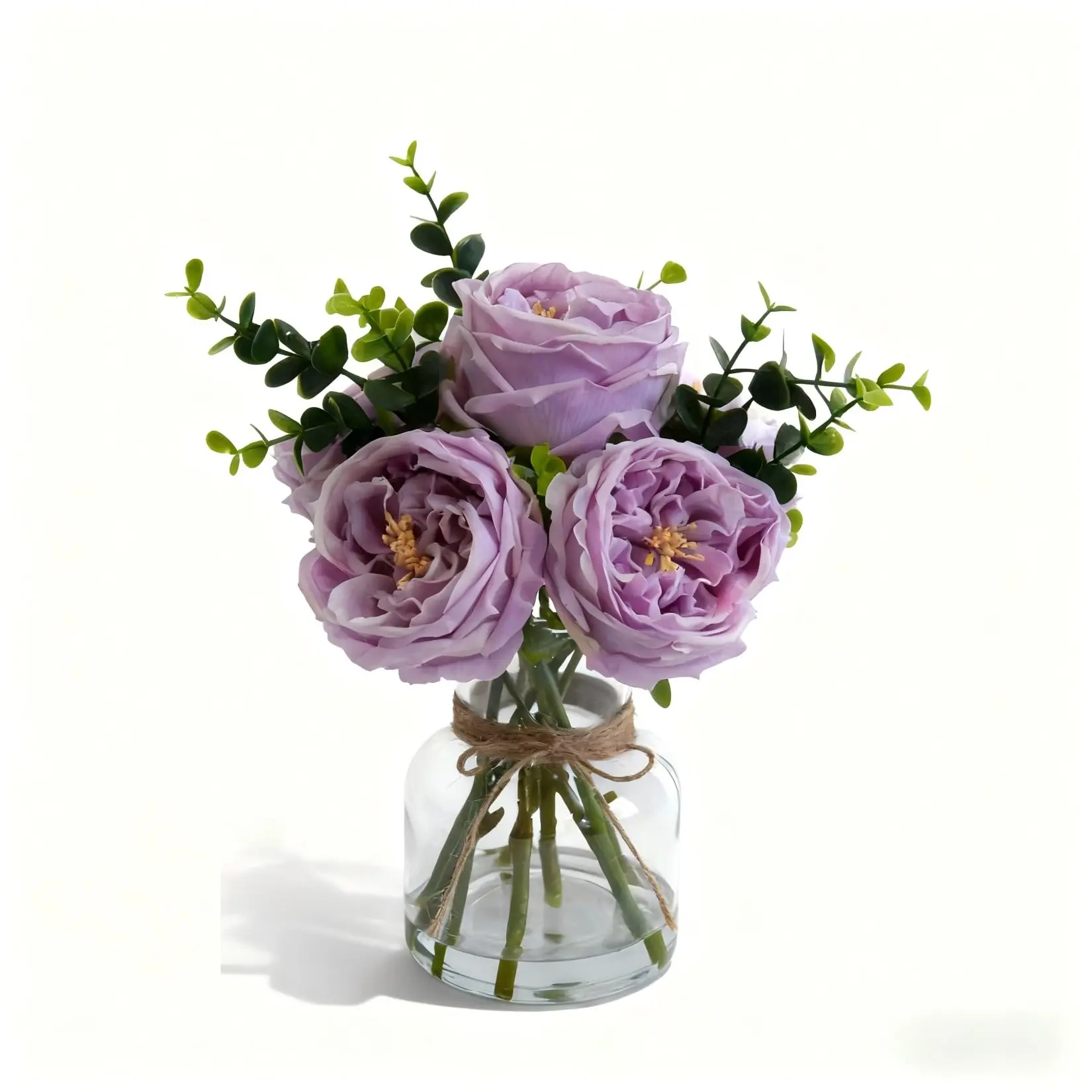 Purple Real Touch Faux Flower Arrangement in Vase, Lifelike Artificial White Roses & Peonies with Eucalyptus for Dining Table Centerpiece