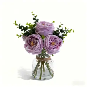 Purple Real Touch Faux Flower Arrangement in Vase, Lifelike Artificial White Roses & Peonies with Eucalyptus for Dining Table Centerpiece