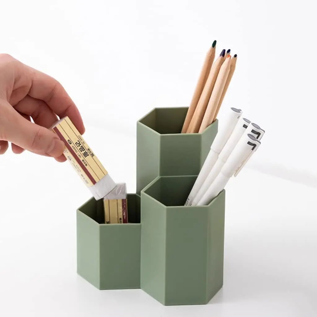 Cute Triangular Green Pen Holder for Desk - Pencil Organizer Cup for Office, School and Home