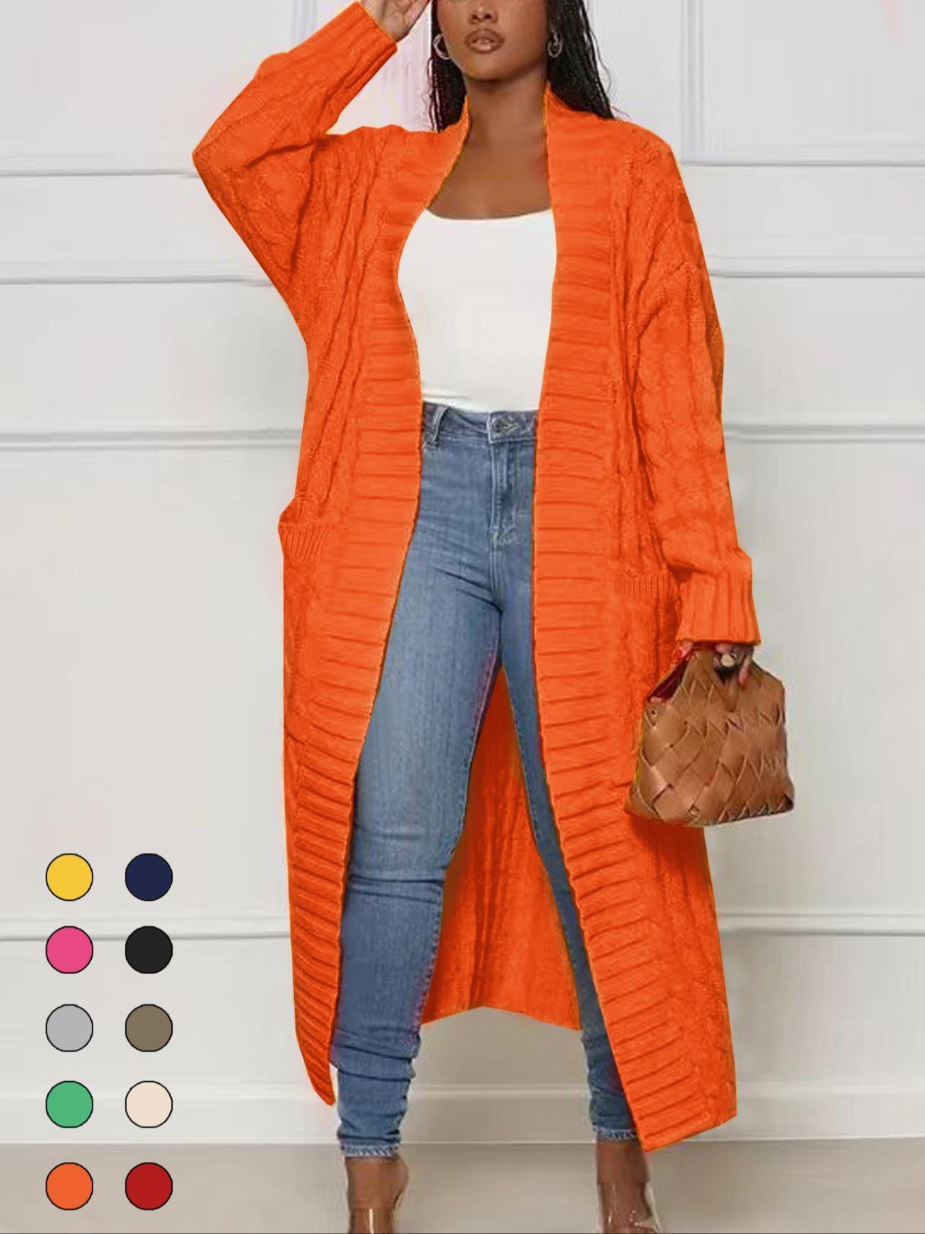 Women's Solid Color Textured Drop Shoulder Pocket Longline Cardigan, Casual Open Front Knitwear for Fall & Winter, Women's Knit Clothing for Daily Wear, Sweaters for Women