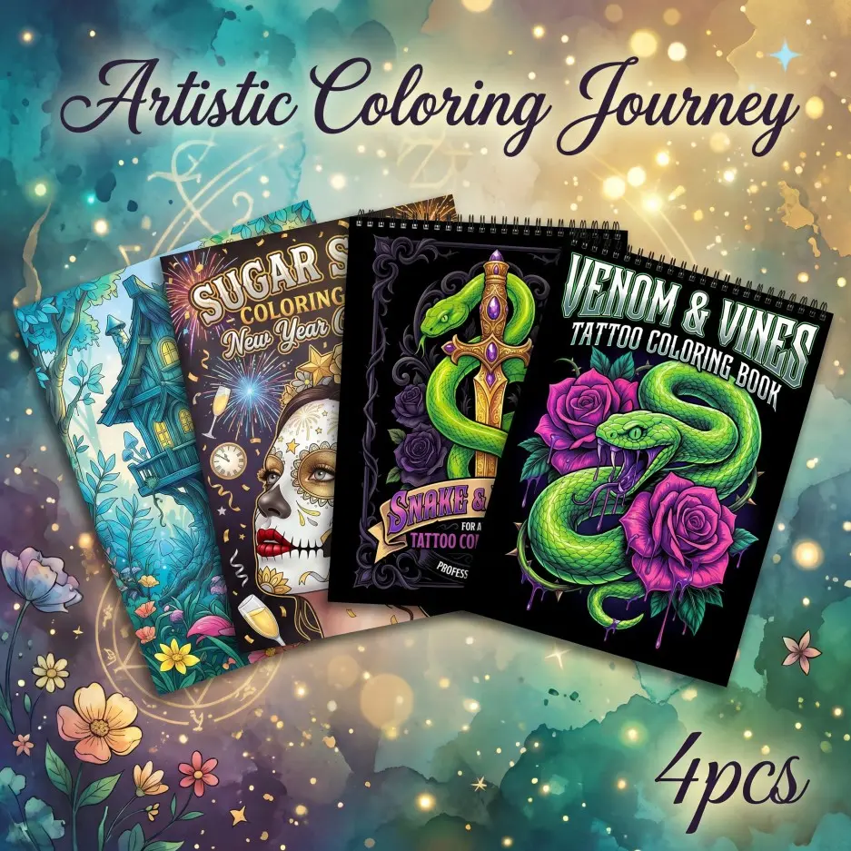 4pcs Adult Coloring Books-  with Intricate Designs: Magic House, SUGAR SKULL, SNAKE&DAGGER, VENOM&VINES Themes - Beginner-Friendly - 11.2x8.27 inch, Thick Paper for Stress Relief, Mindfulness & Relaxation - Perfect Gift for Christmas, Birthdays & Holidays