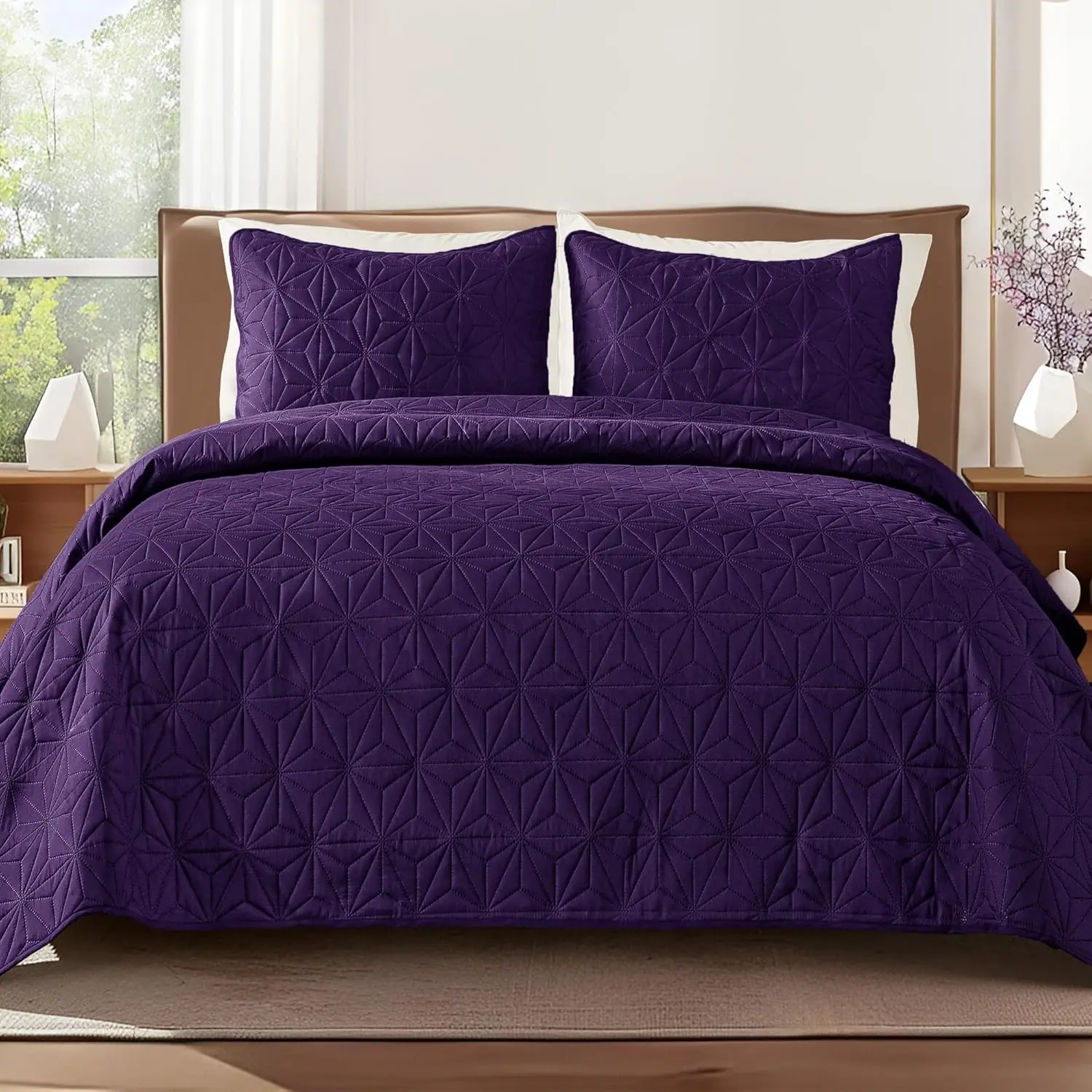 California King Quilt Bedding Set, Soft Dark Purple Oversized Bedspreads Quilts Cal King Size for All Seasons, 3 Pieces Lightweight Geometric Star Pattern Coverlet