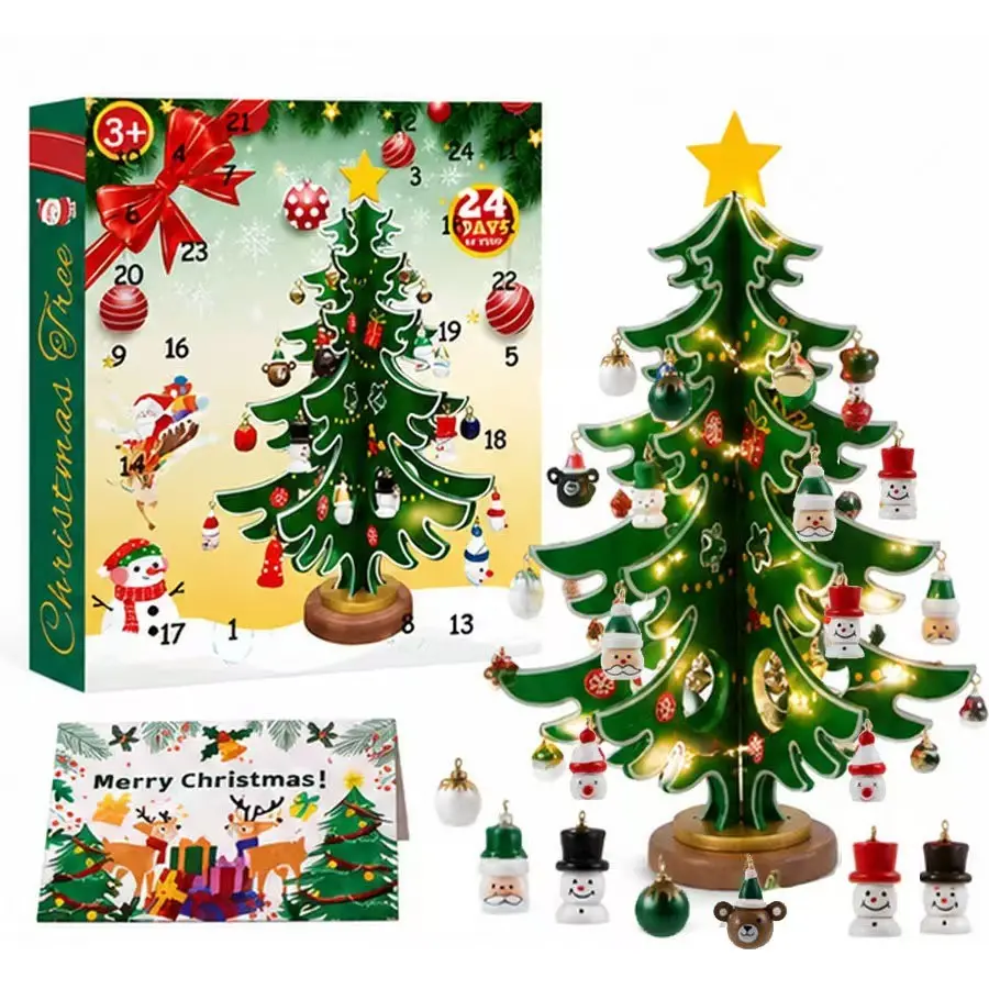 Mini Christmas Tree Advent Calendar with 24 Numbered Doors, Color Coded Decorations, Snowman & Bear Hats, Durable Plastic Countdown Calendar