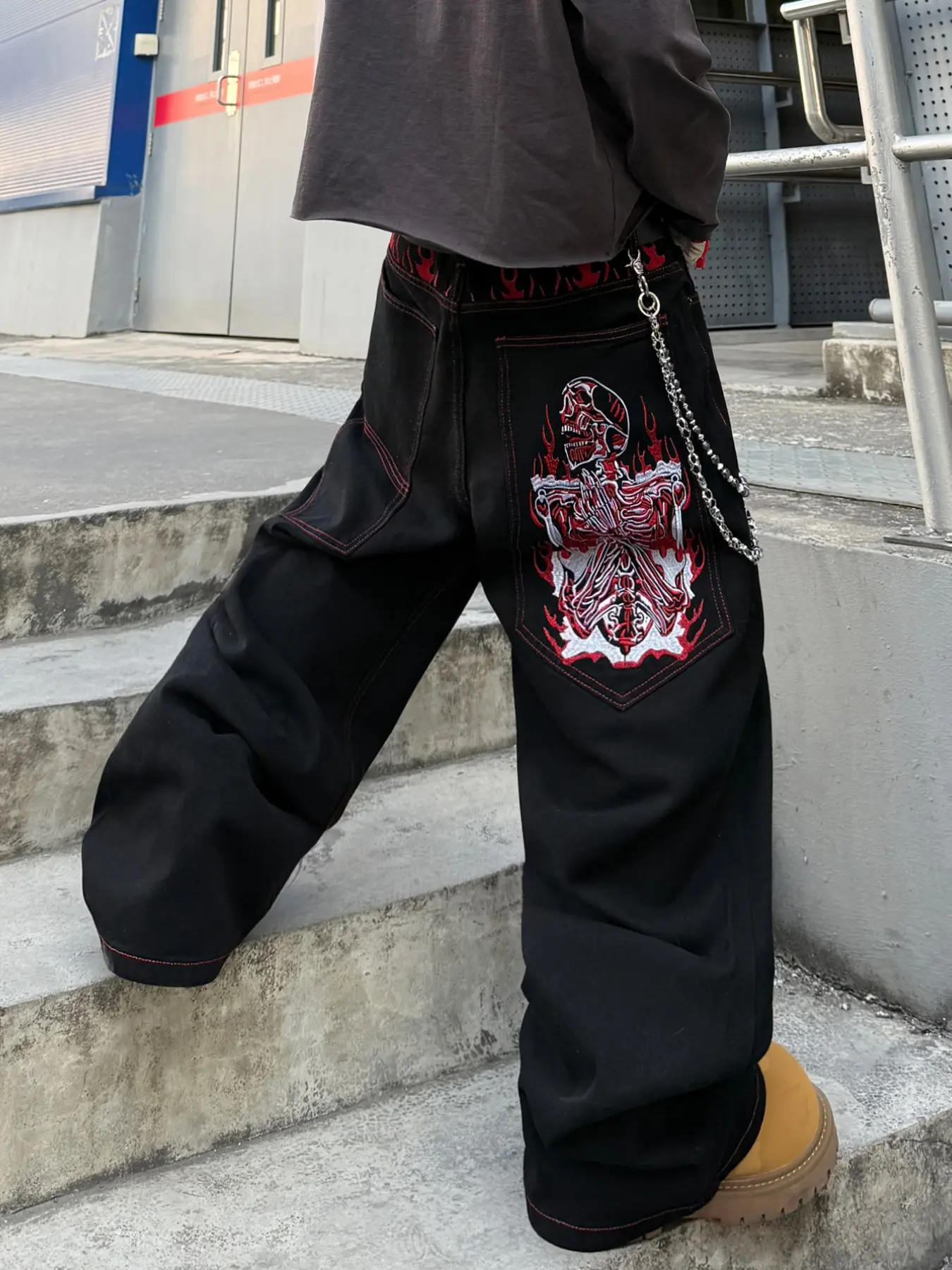Men's Halloween Embroidered Jeans, Loose Fit Wide Leg, Comfortable Fabric, Y2K Fashion, Casual Daily Wear, Multiple Sizes Available