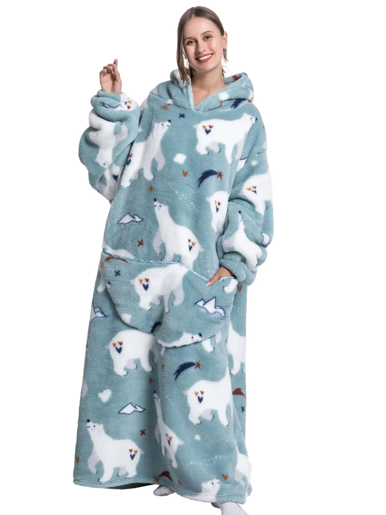 Women's All Over Print Drop Shoulder Hoodie Loungewear, Casual Long Sleeve Pocket Thermal Lined Hooded Loungewear for Fall & Winter, Women's Sleepwear for Indoor Wear
