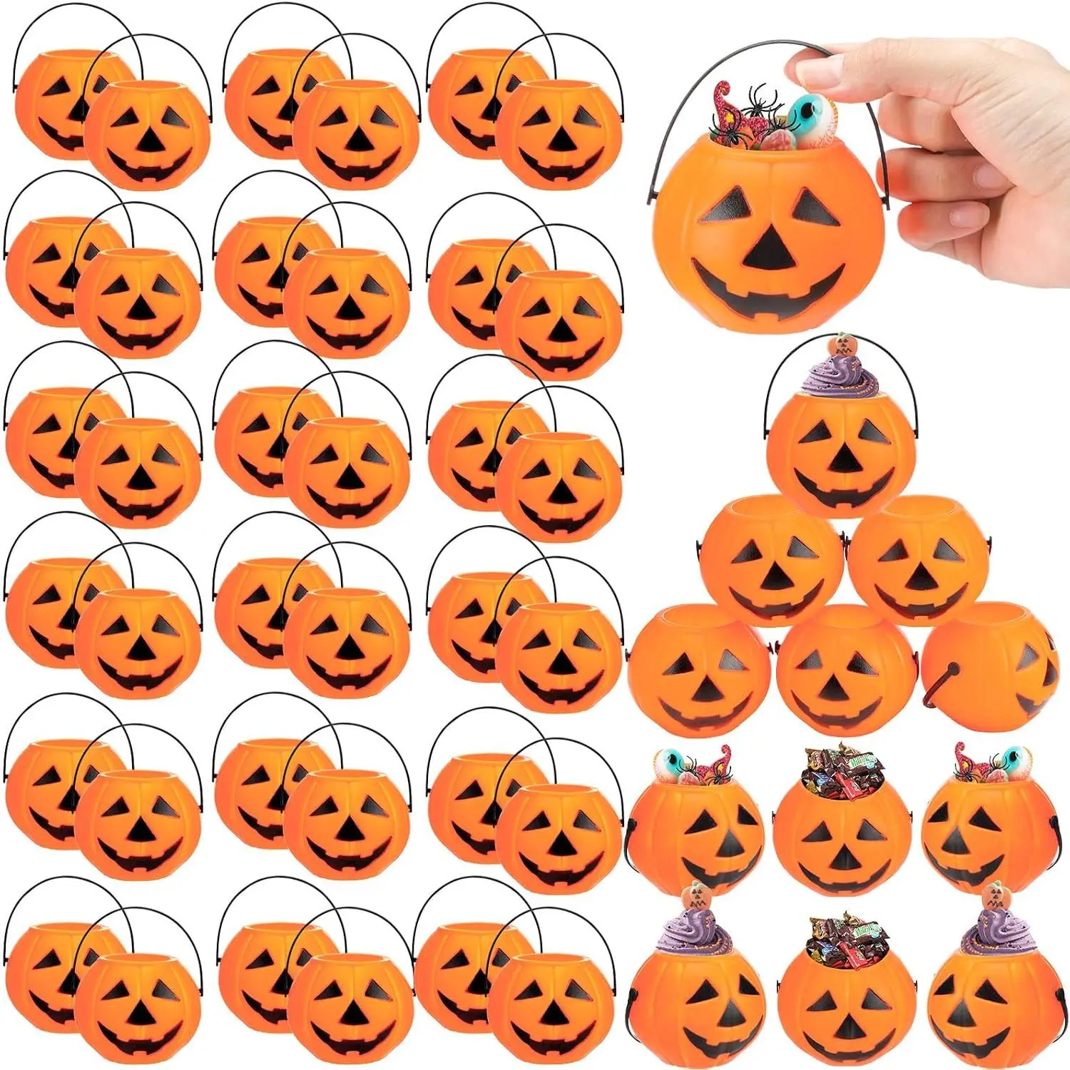 50 Halloween Mini Pumpkin Bucket Plastic Pumpkin Candy Container Halloween Party Favor Decoration Trick or  Buckets for Holiday Party Supplies(Orange)