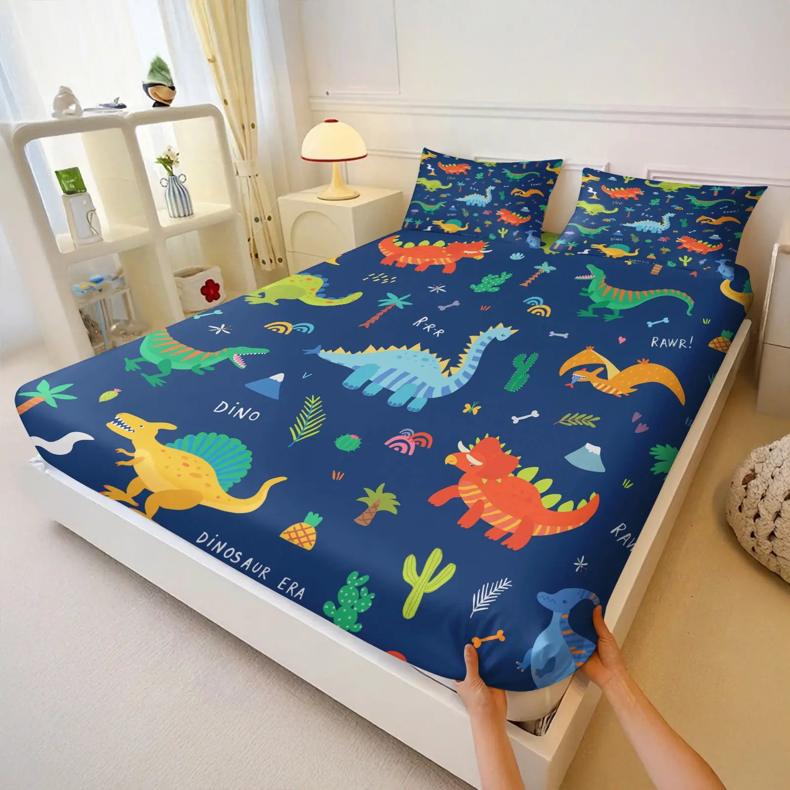 3PCS Dark Blue Cute Cartoon Dinosaur Printed Fitted Sheet Set, Soft Fiber, Deep Pocket, Wrinkle Resistant, Cozy for Boys Bedroom & Dorm, Multiple Colors Available