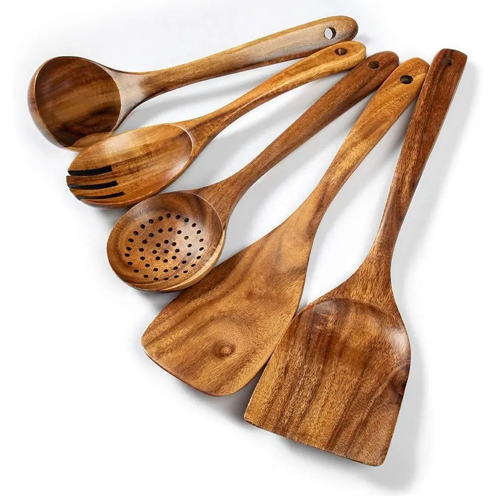 5 Pcs Natural Acacia Wood Kitchen Utensils Set - Wooden Cooking Utensils with Soup Ladle Wok Spatulas Salad Fork Spurtles for Non-stick Skillet Cooking