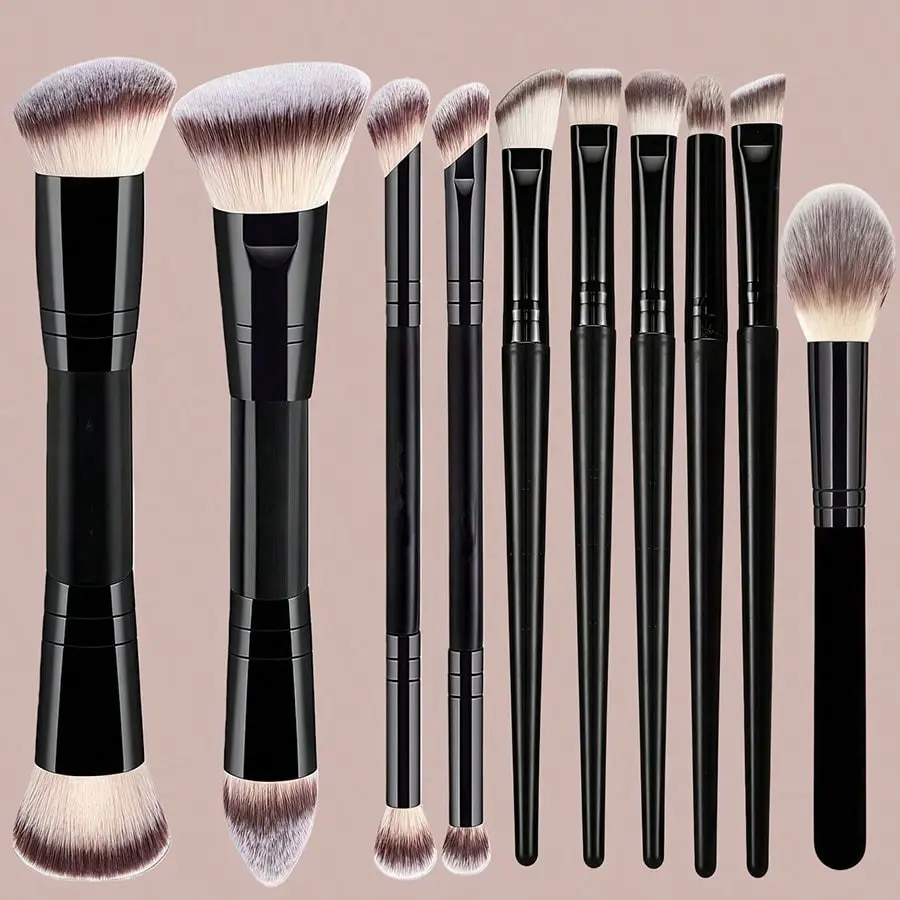 Yzimeng 10-Piece Makeup Brush Set, Face Makeup Brushes, Foundation, Blush, Powder, Contour, Highlighter, Eyeshadow, Brow, Liner Brushes, Portable, Travel Friendly