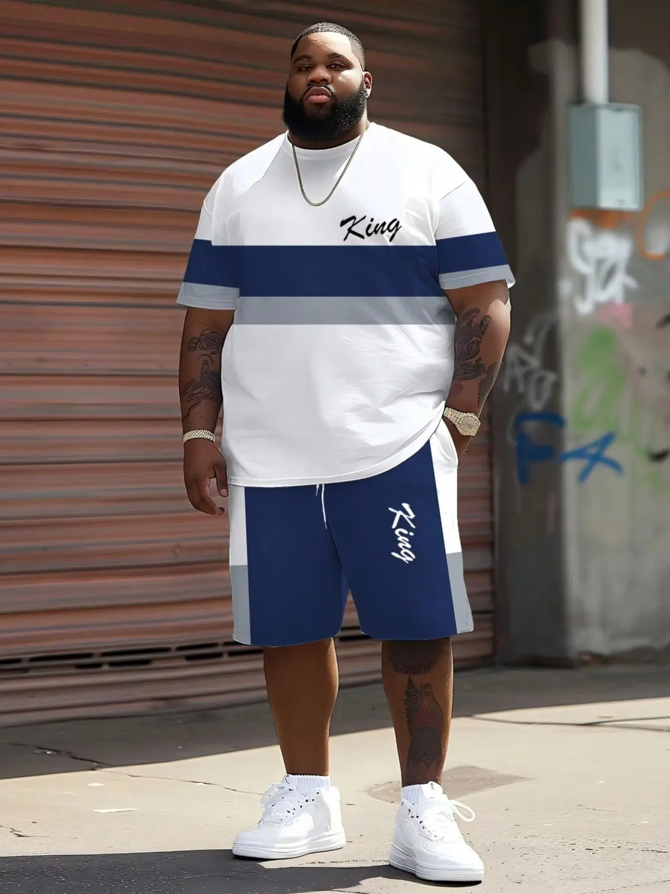 Men's Plus Size 3D Print Casual Two-Piece Set, Outfit Sets, Street Style Tricolor Stripe Short Sleeve T-Shirt + Shorts, Loose Fit, All Seasons