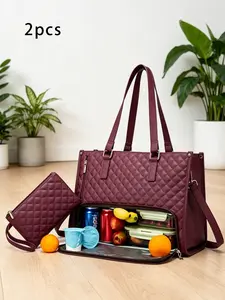 2pcs Ladies' diamond patterned commuting computer bag, with a large capacity partition and multifunctional dining compartment, comes with a small bag in the same color scheme, suitable for work with meals and short distance travel, practical and stylish.