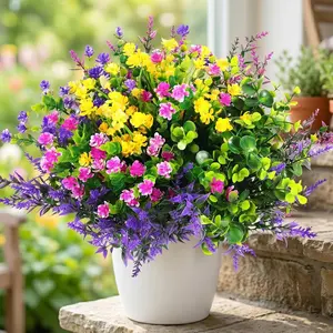 12-Bundle Lifelike UV-Resistant Decorative Plastic Flower Pack, Artificial Floral Bouquet for Hanging Planters, Window, Porch, Grave Decorations (Fuchsia, Purple, Yellow, Green) outdoor summerwins