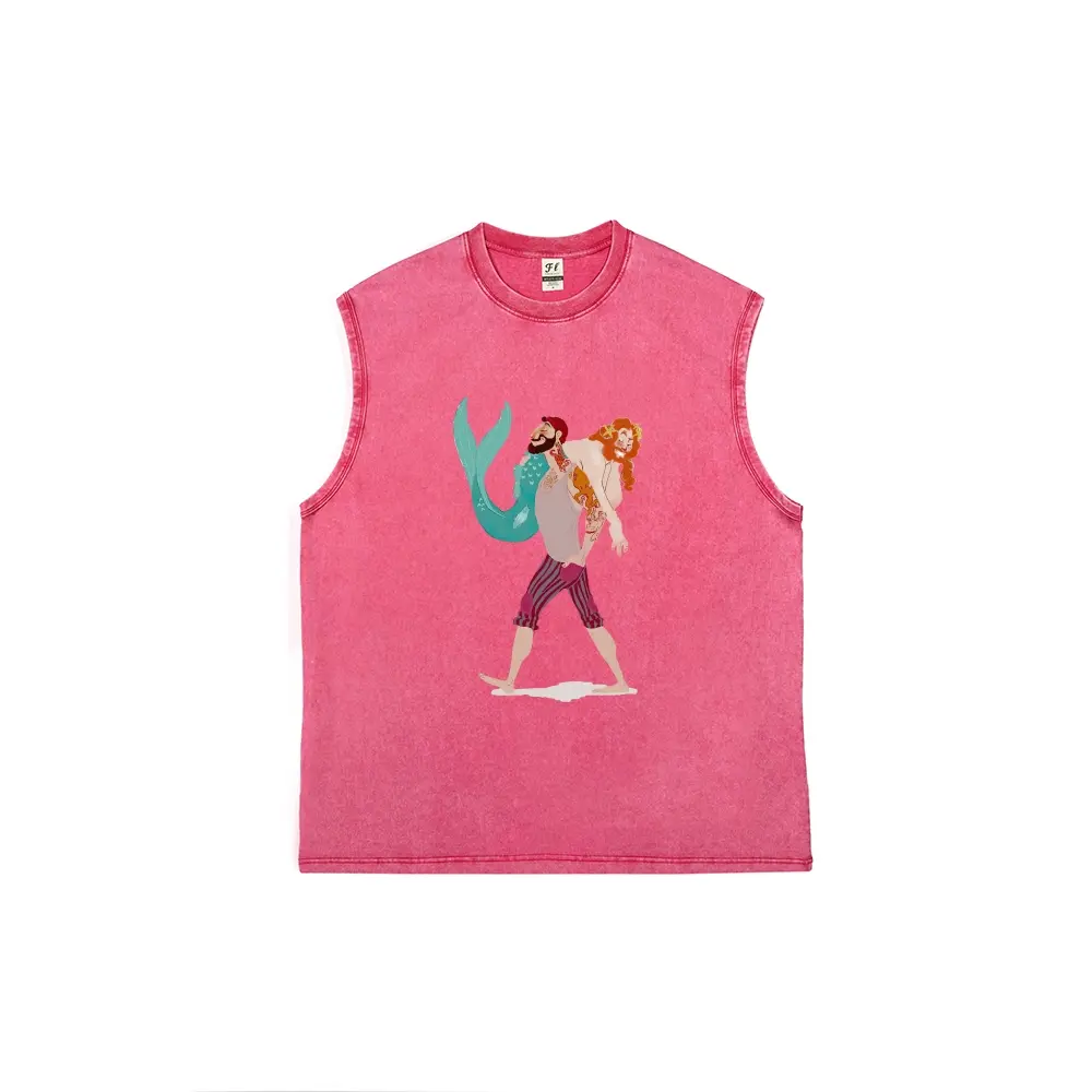 Men Vintage Acid Wash Pink Cut Off Muscle Tank Top, Funny Tattoo Sailor Carrying Mermaid Cartoon Graphic Print Sleeveless Vest, Oversized Distressed Cotton Loose Fit Streetwear Workout Tank Tee for Men Teen Boys
