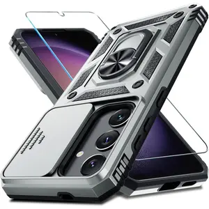 Janmitta Compatible with Samsung Galaxy S25/S24 Case [Not for S25+] Built in Slide Camera Lens Cover+Screen Protector+Kickstand,Heavy Duty Shockproof Full Body Phone Cover,Silver