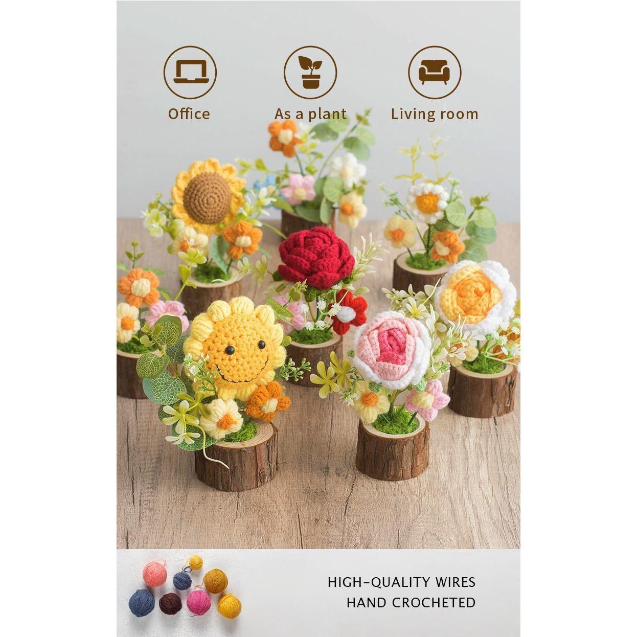 Finished Hand-Woven Potted Plant Yarn Crochet Sunflower Bouquet Handmade Gift Home Decor Knitted Artificial Flower