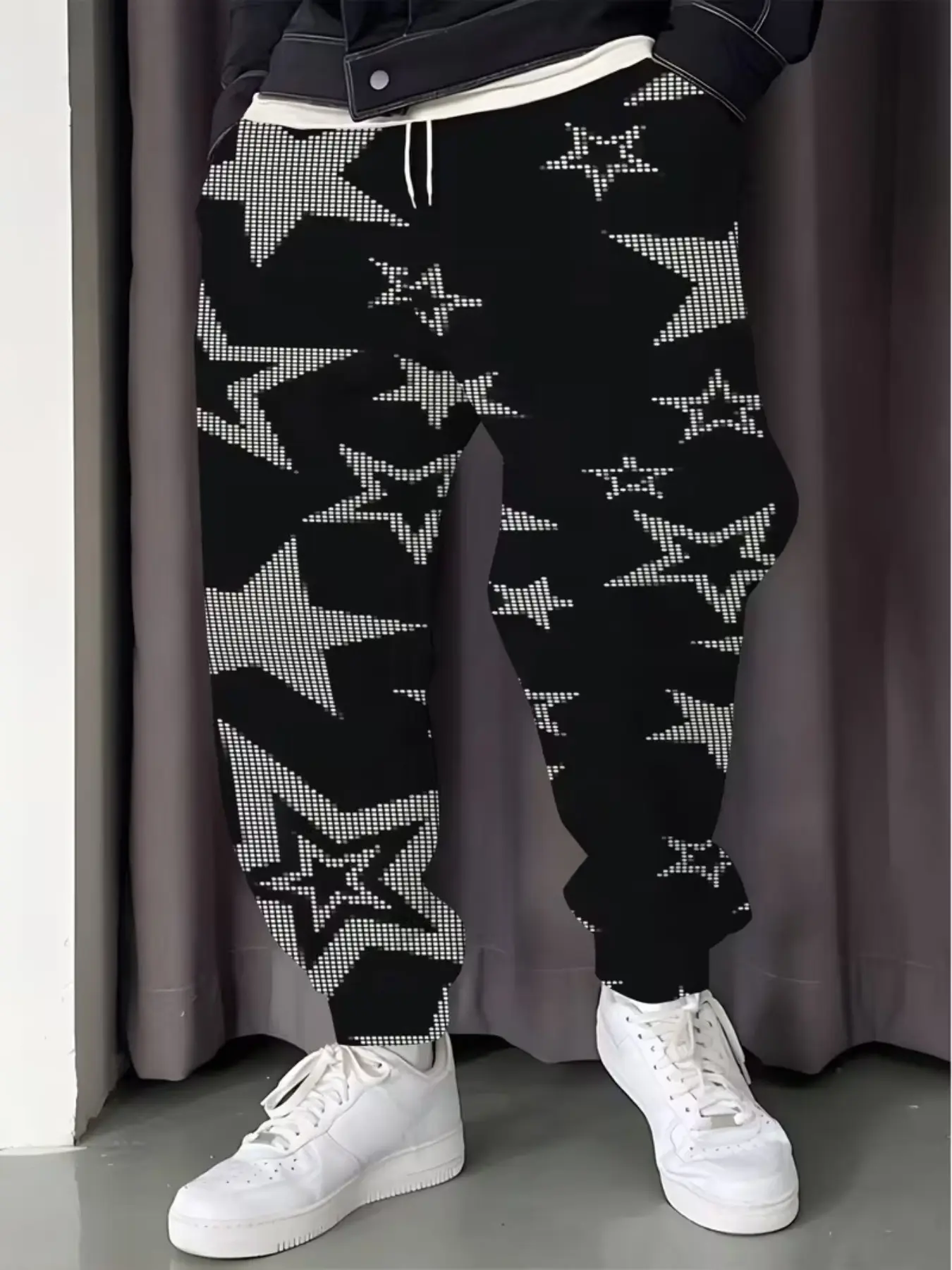 Base All over Print Sweatpants, 3D Star Pattern, Drawstring Waist, Mid Waist, Ankle Length, Casual Streetwear, Men's Loose Fit