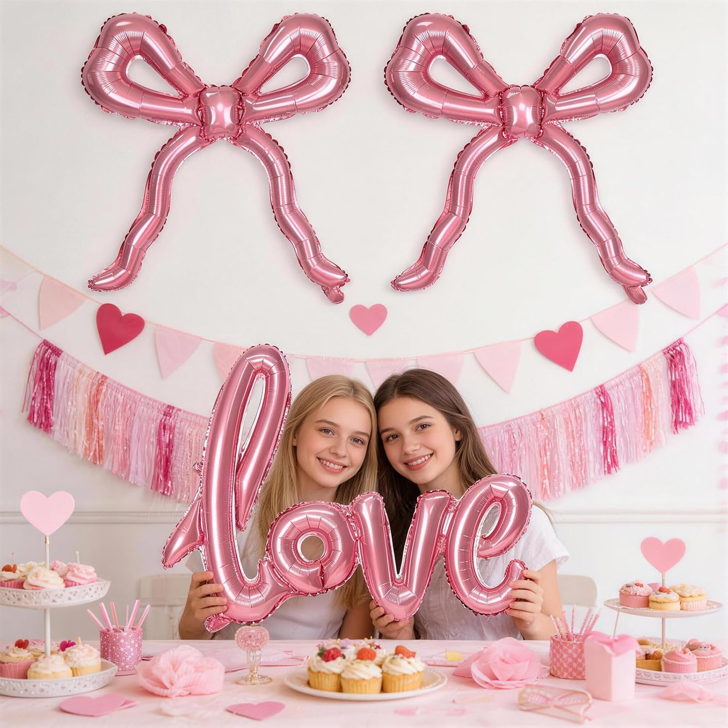 42" Giant Pink Love Heart Balloon with 22" Bow Mylar Balloon Set – Coquette Style Decor for Girls & Women.Perfect for Bridal Shower, Bachelorette, Birthday, Valentine's Day & Engagement – Ultra Cute Photo Ready!
