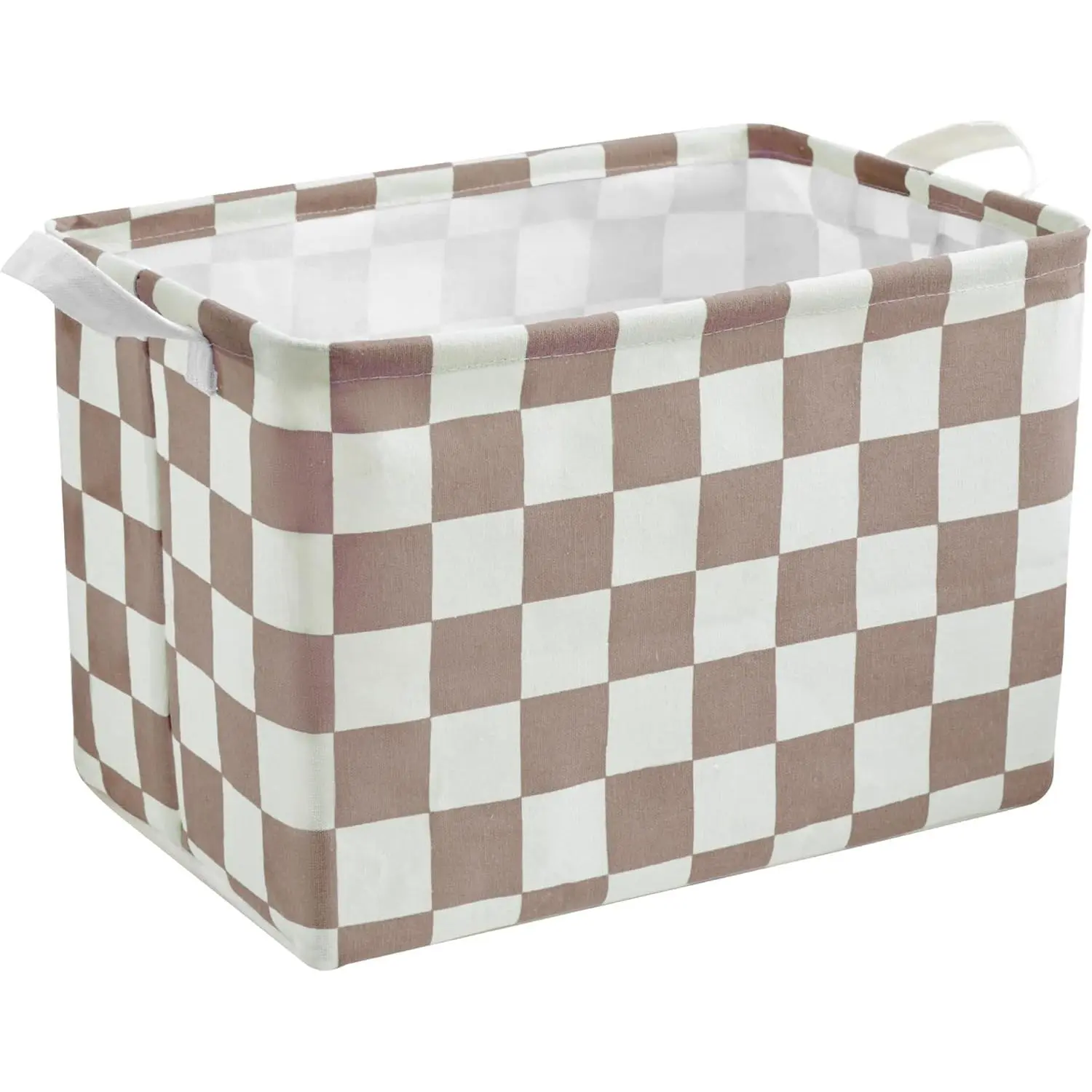 Khaki White Checkered Durable Synthetic Canvas Basket - Rectangular Modern Household Organizer for Shelf, Kitchen Storage Solution