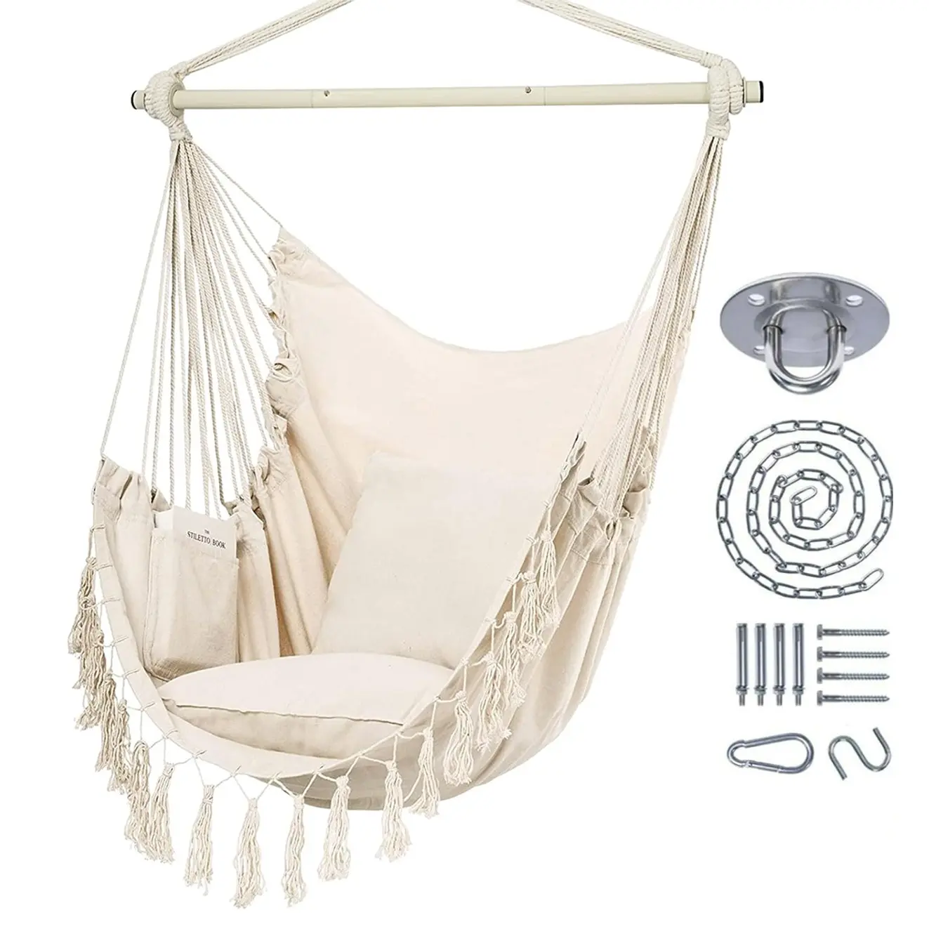 Large Rope Swing Chair with Cushion, Indoor Outdoor Hanging Chair, Adjustable Straps, Metal Bar, Storage Bag, Bedroom Patio Backyard Camping